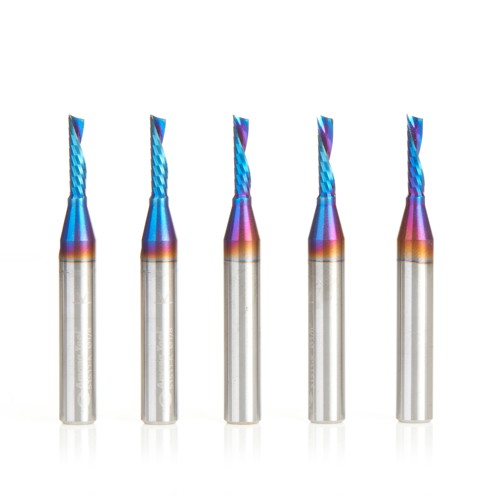 Amana 51511-K-5 5 Pack Solid Carbide CNC Spektra, Extreme Tool Life Coated Spiral ‘O’ Flute, Plastic Cutting 1/8 Dia x 1/2 x 1/4 Shank Down-Cut Design Router Bit