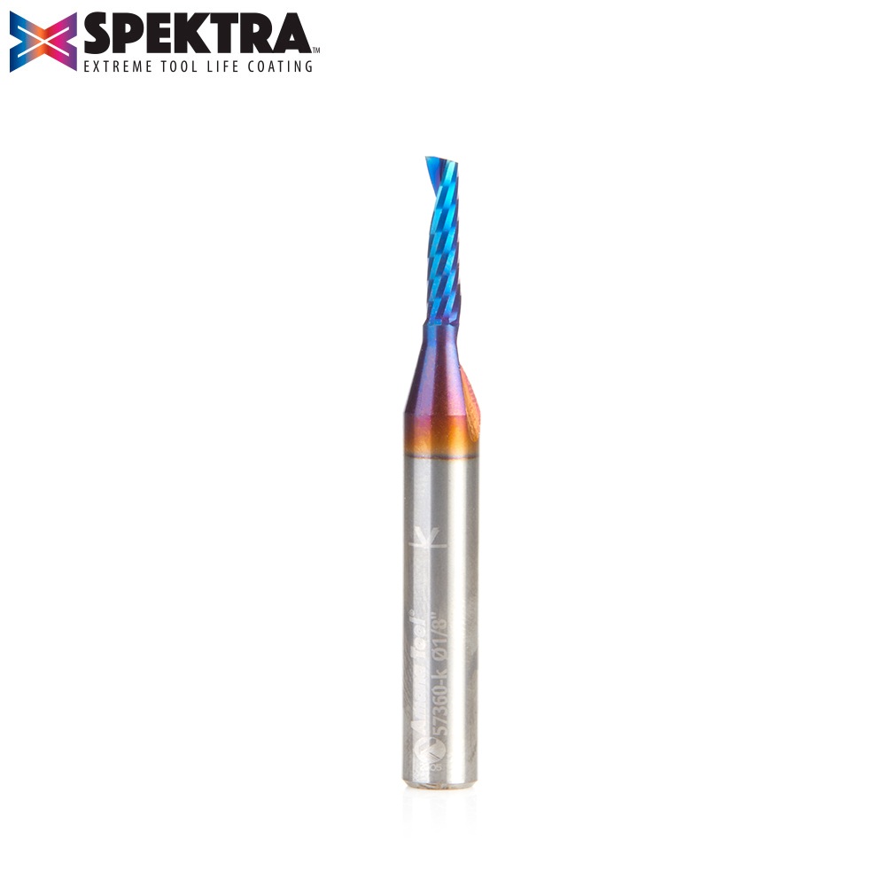 Amana 57360-K Solid Carbide CNC Spektra, Extreme Tool Life Coated Spiral ‘O’ Flute, Plastic Cutting for Improved Bottom Surface Finish 1/8 Dia x 1/2 x 1/4 Inch Shank Up-Cut Router Bit