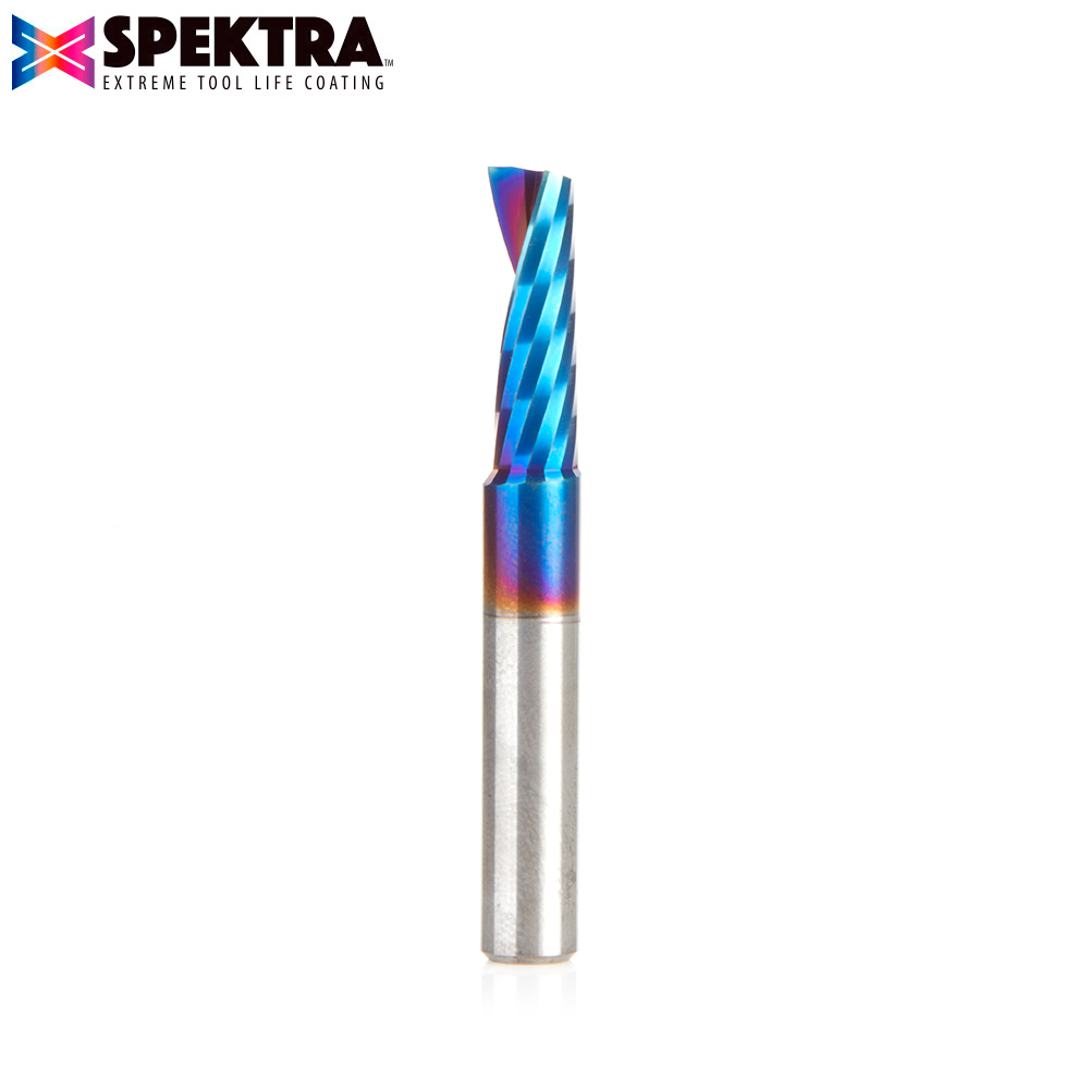 Amana 57363-K Solid Carbide CNC Spektra, Extreme Tool Life Coated Spiral ‘O’ Flute, Plastic Cutting for Improved Bottom Surface Finish 1/4 Dia x 3/4 x 1/4 Inch Shank Up-Cut Router Bit