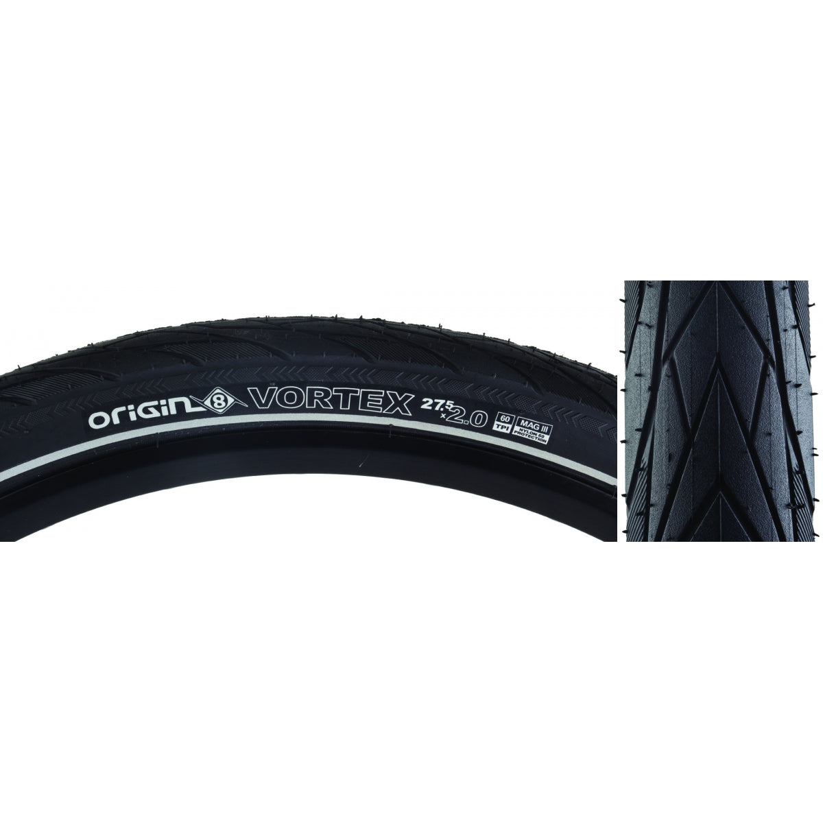 Origin8 Vortex 27.5x2.0 Wire TPI 65 Bk/Blk Raised Textured Shoulder Blocks