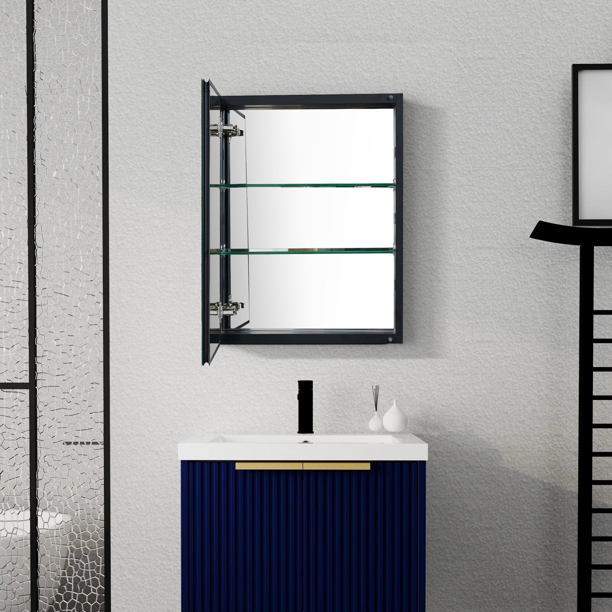 WELLFOR DH 16-in x 20-in Surface/Recessed Mount Black Mirrored Soft Close Medicine Cabinet