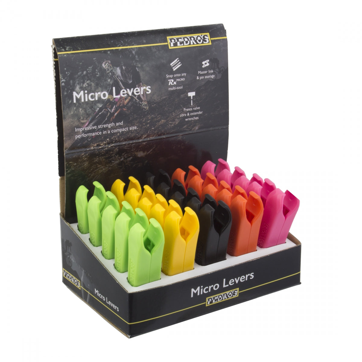 Pedro's Micro Lever 25-Pack Counter Display - Compact, Durable Bicycle Tire & Chain Tool with Integrated Quick Link Storage, Multi-Color Options