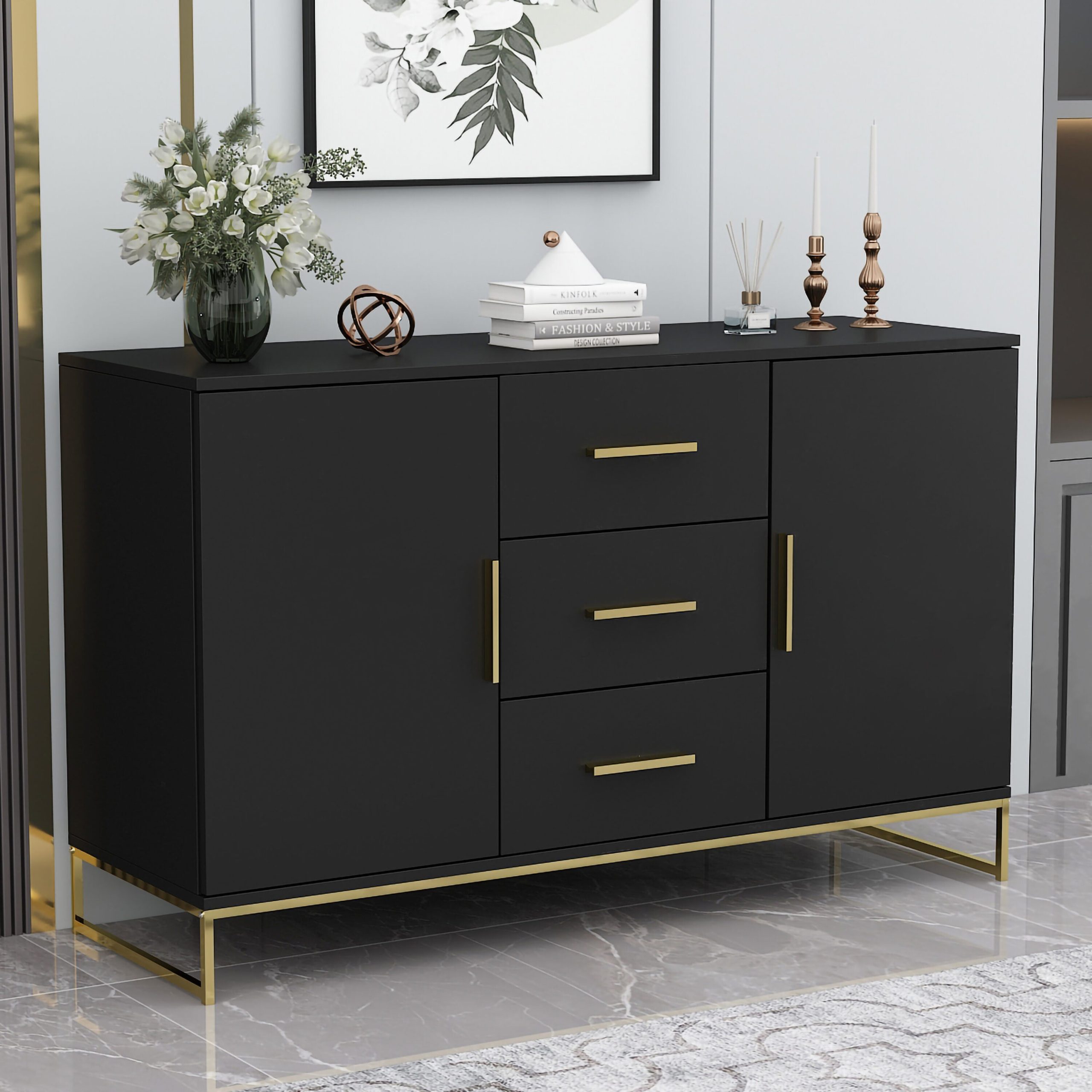 FUFU&GAGA Contemporary Black Composite 3-Drawer Dresser with Doors, Multipurpose Accent Cabinet, Sturdy and Durable, Ample Storage Space
