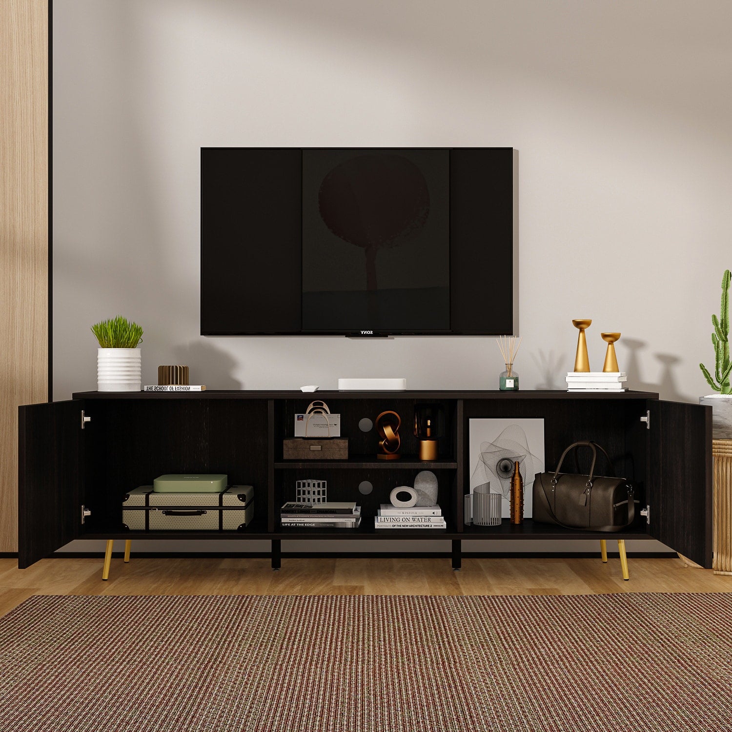 FUFU&GAGA Black TV Cabinet Modern/Contemporary (Accommodates TVs up to 70-in) - Floating Design, Integrated Storage, Adjustable Shelves