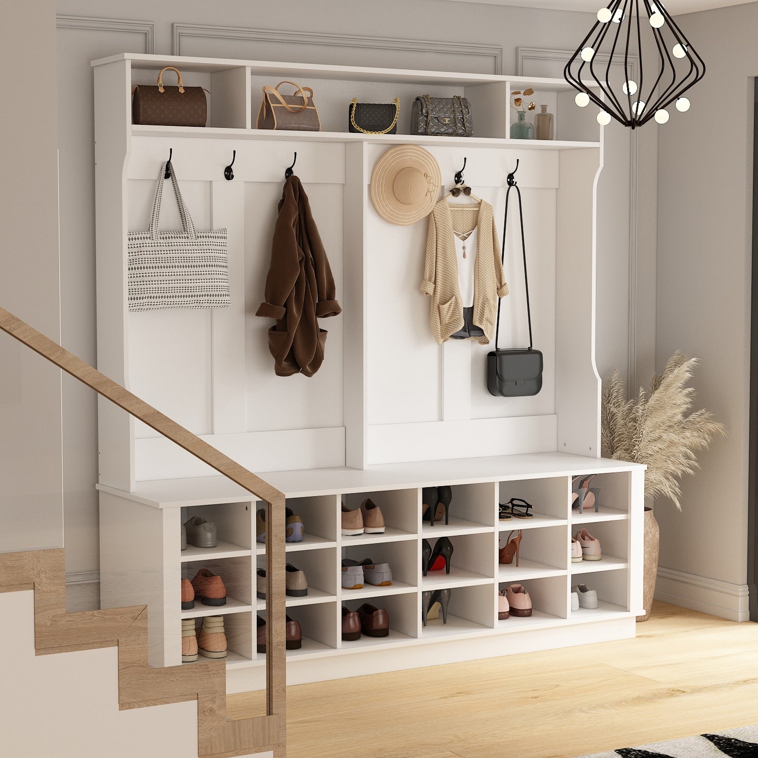 FUFU&GAGA Contemporary Hanging Wardrobe with Storage Compartments, Coat Hooks, and Shoe Cabinets