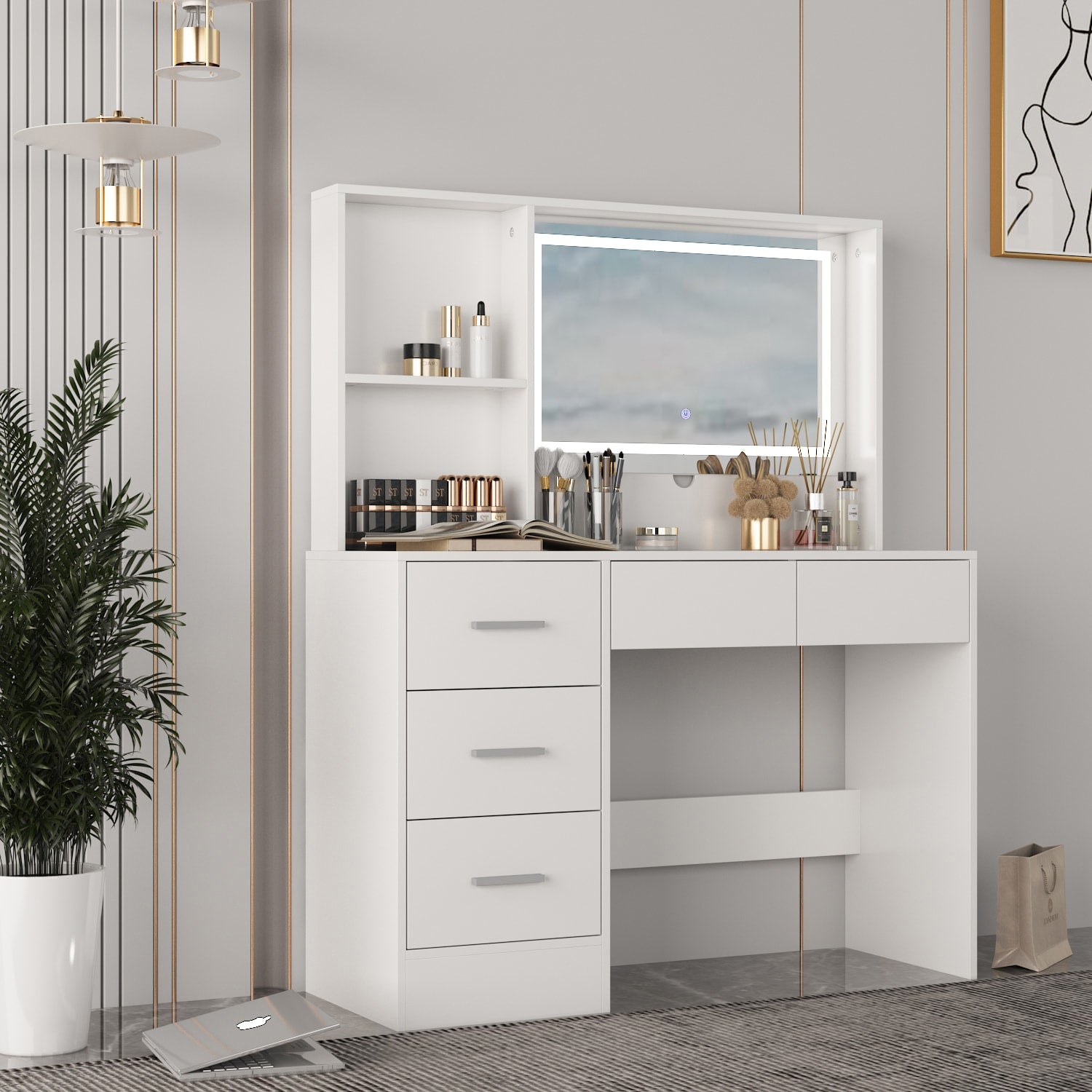 FUFU&GAGA Contemporary Makeup Vanity Table with Sliding Mirror and Adjustable Lights - White, 5 Drawers, 2-Tier Storage Cabinets, Durable MDF Material