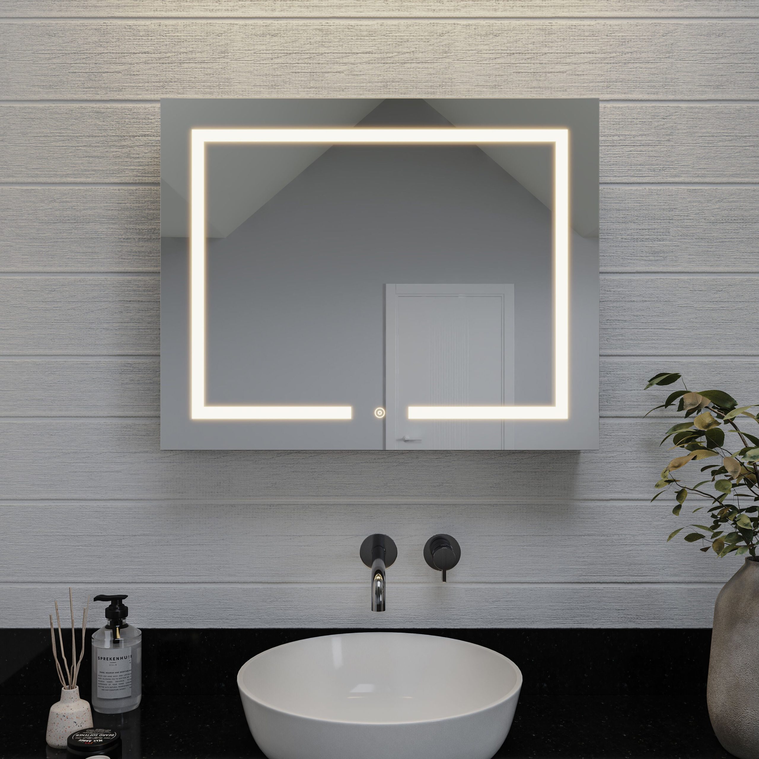 Croydex 24-in x 30-in Lighted LED Fog Free Surface/Recessed Mount Silver Mirrored Soft Close Medicine Cabinet with Outlet