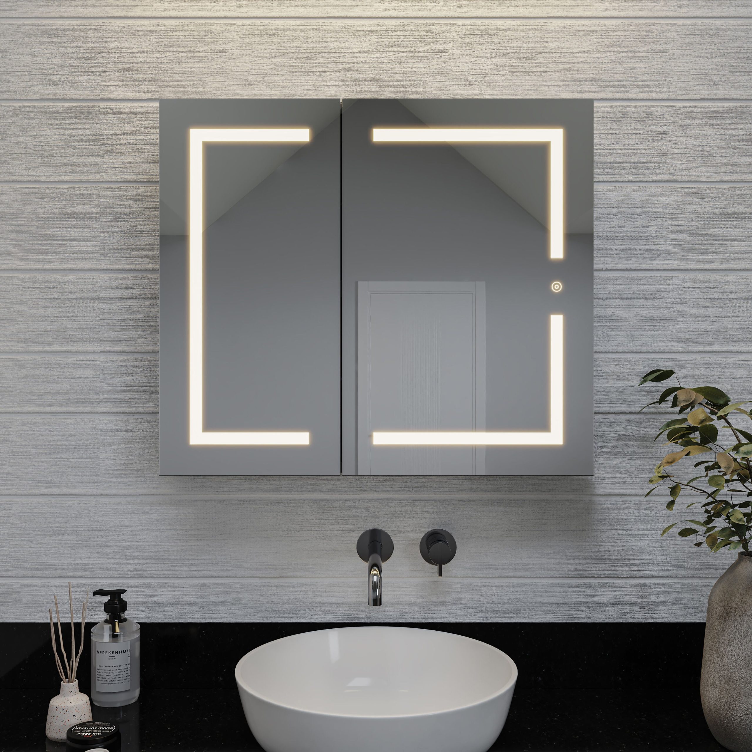 Croydex 30-in x 26-in Lighted LED Fog Free Surface/Recessed Mount Silver Mirrored Soft Close Medicine Cabinet with Outlet