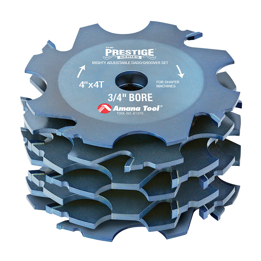 Amana 61370 Prestige® Carbide Tipped Super Fine Dado/Groover 4 Dia x ATB Grind x 4 Teeth x -10 Deg Hook Angle x 1/4 to 1 Kerf x 3/4 Bore for Shaper Machines