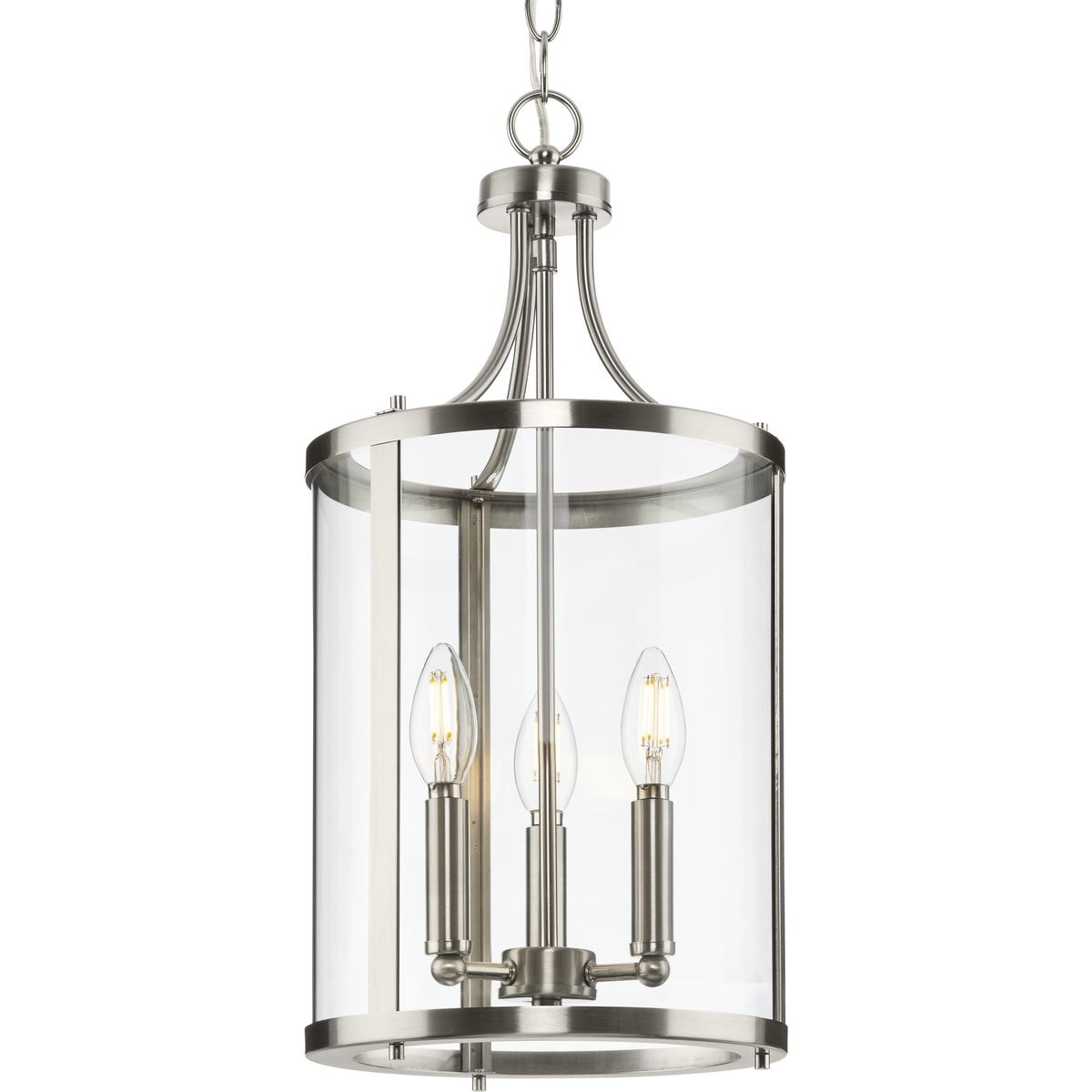 Progress Lighting Gilliam 3-Light Brushed Nickel Farmhouse Clear Glass Cylinder Medium Hanging Pendant Light