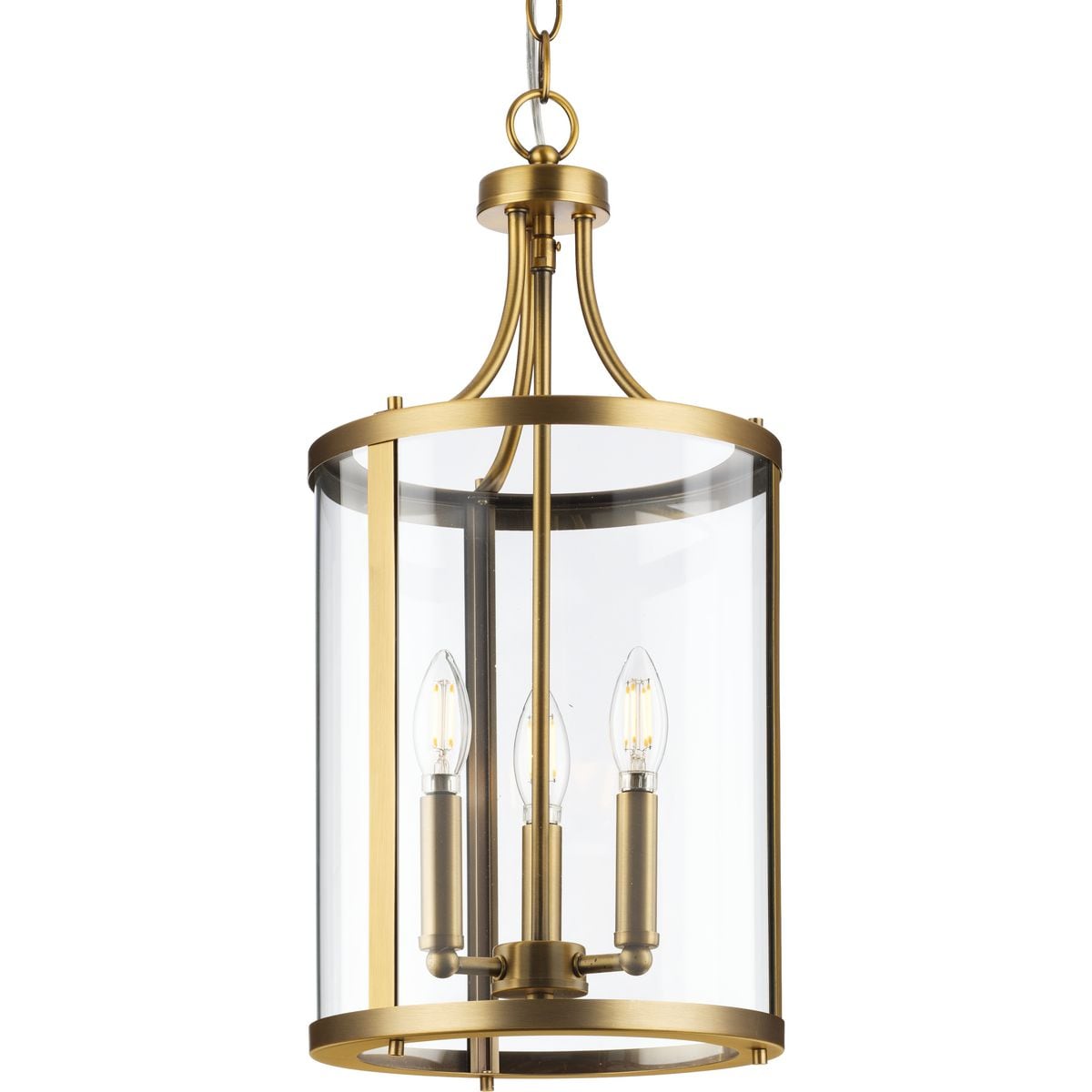 Progress Lighting Gilliam 3-Light Vintage Brass Farmhouse Clear Glass Cylinder Medium Hanging Pendant Light