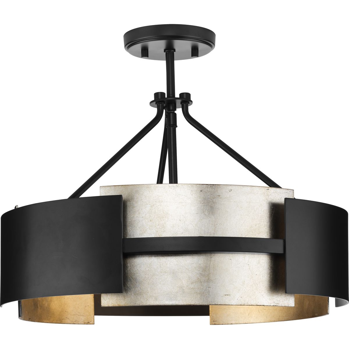 Progress Lighting Lowery 3-Light Matte Black with Aged Silver Leaf Accents Modern/Contemporary Drum Medium Hanging Convertible Pendant/semi-flush