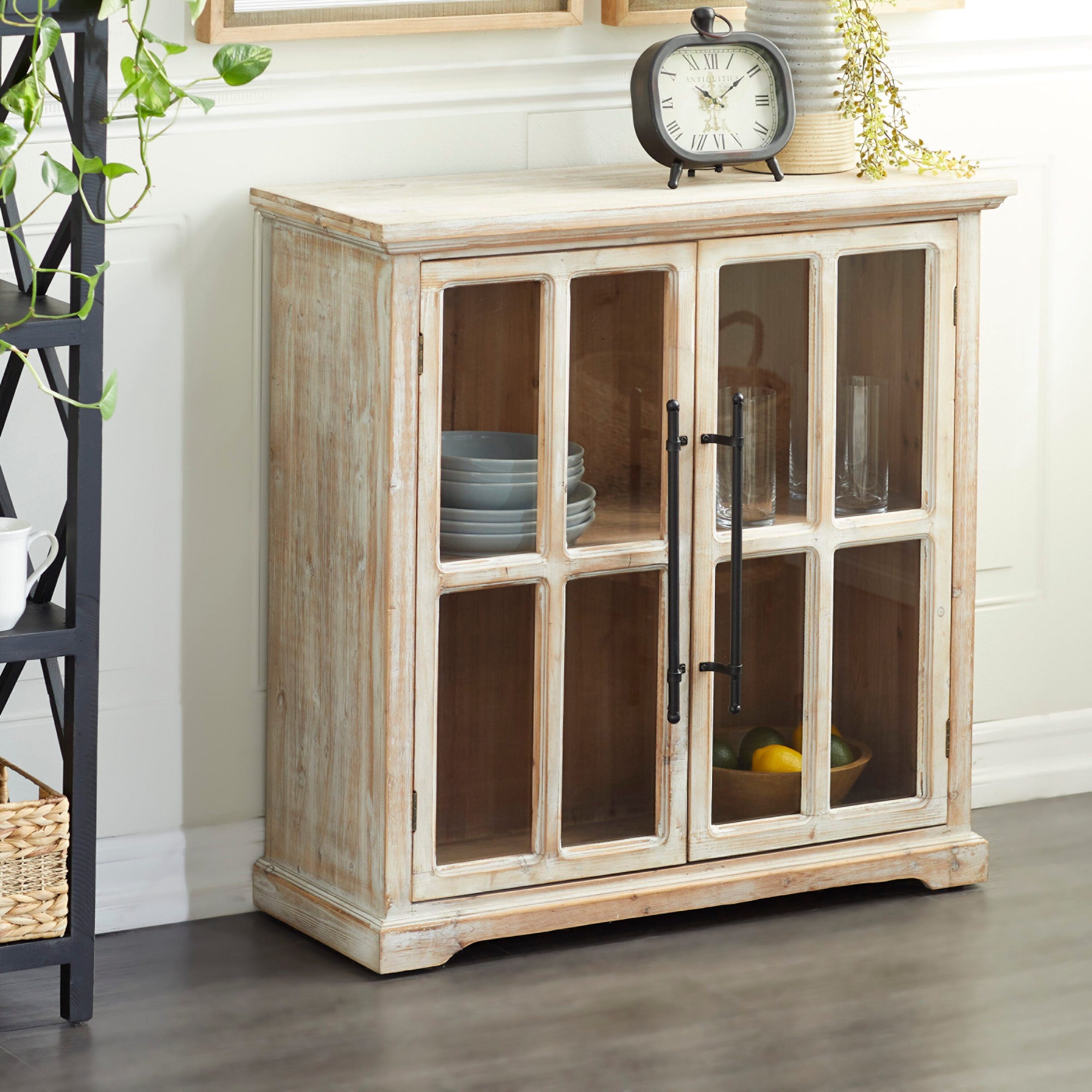 Grayson Lane Brown 1 Shelf and 2 Doors with Glass Front Panels Pine Accent Chest