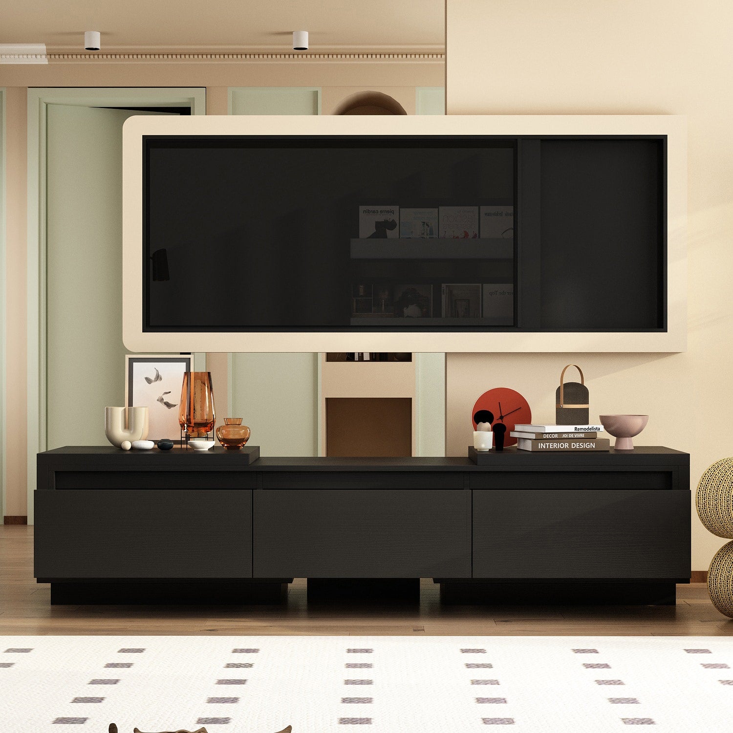 FUFU&GAGA Modern/Contemporary Black TV Cabinet (Accommodates TVs more than 70-in) - Adjustable Length, Ample Storage, Premium Materials