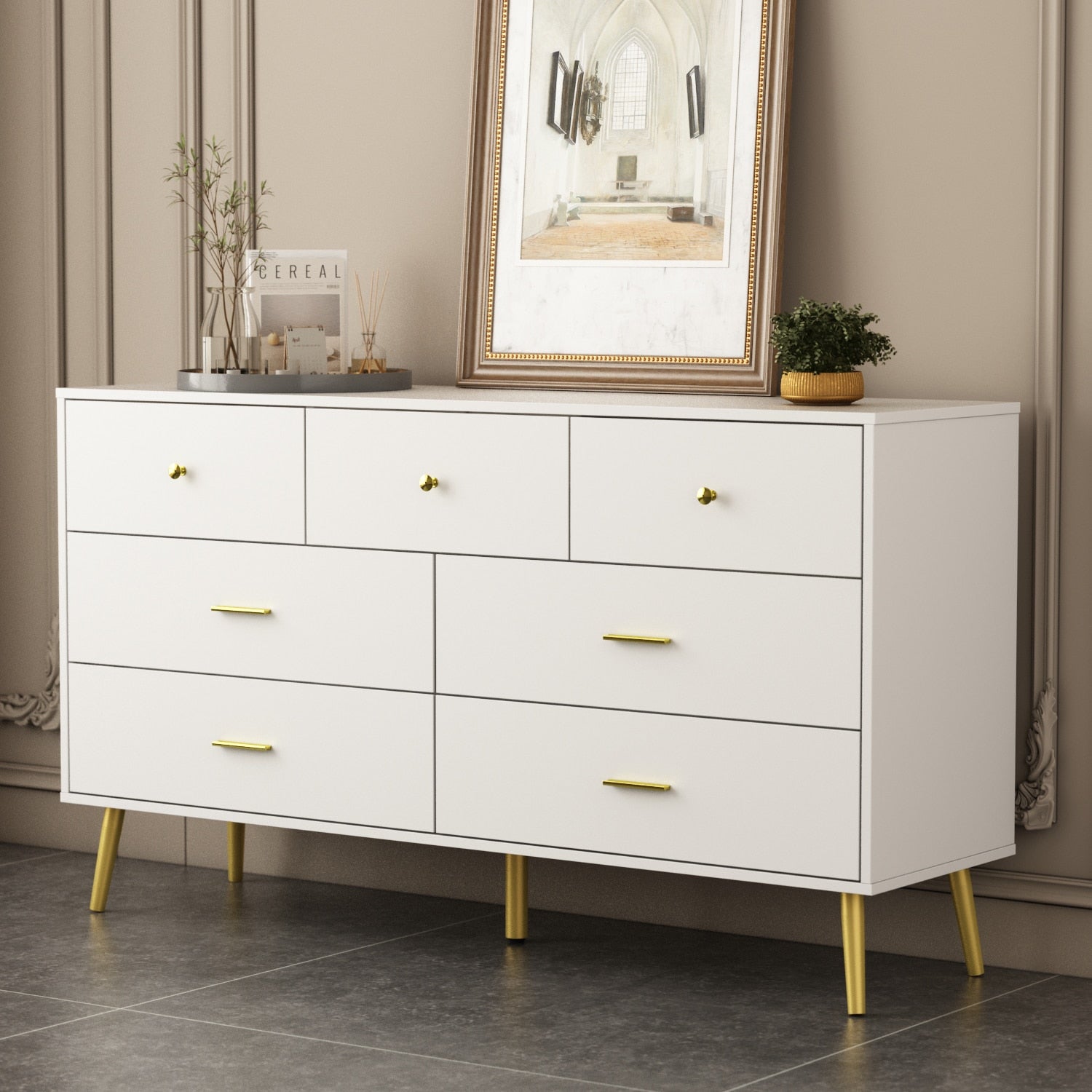 FUFU&GAGA Contemporary/Modern White Sideboard with 7 Drawers - Ample Storage Space - Durable Construction - Multi-Purpose Cabinet