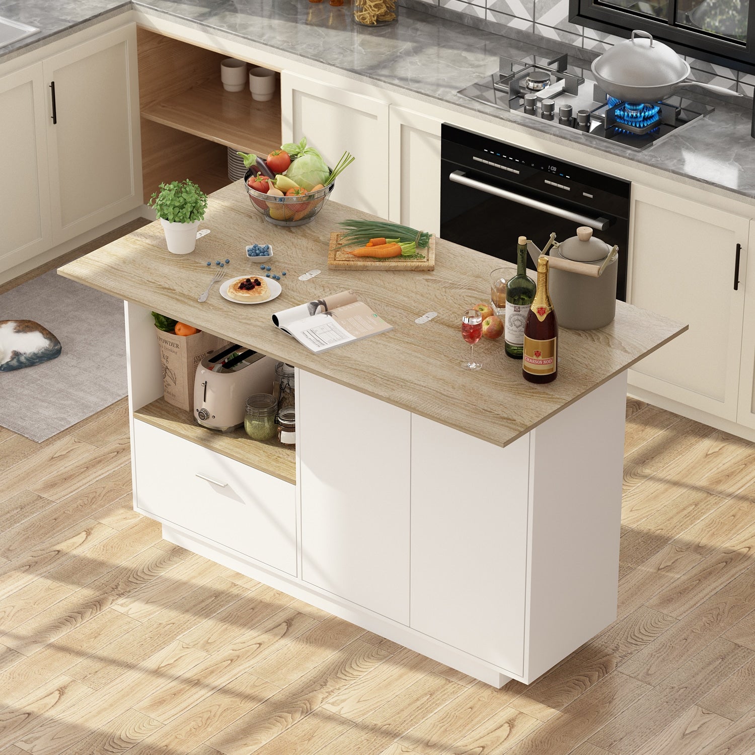 FUFU&GAGA White Mdf Base with Mdf Top Kitchen Cart (31.5-in x 59.1-in x 35.8-in)
