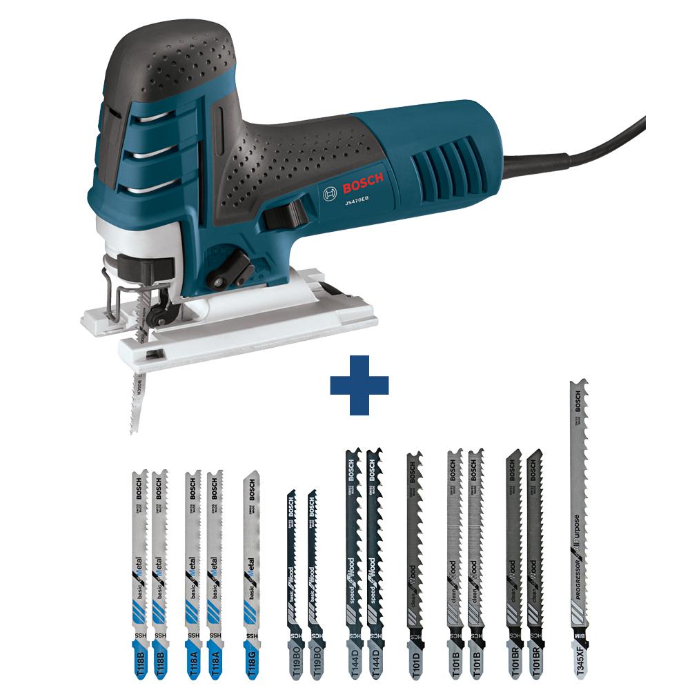 Multi-Purpose Steel T-Shank Jig Saw Blade Set 15-Pack and 7 Amp Corded Variable Speed Barrel-Grip Jig Saw Kit with Case