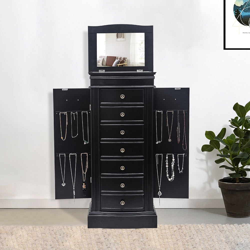 Winado Traditional Black Jewelry Armoire with 7 Drawers, 2 Doors, and Mirror - Freestanding Floor Cabinet for Necklaces, Rings, and More