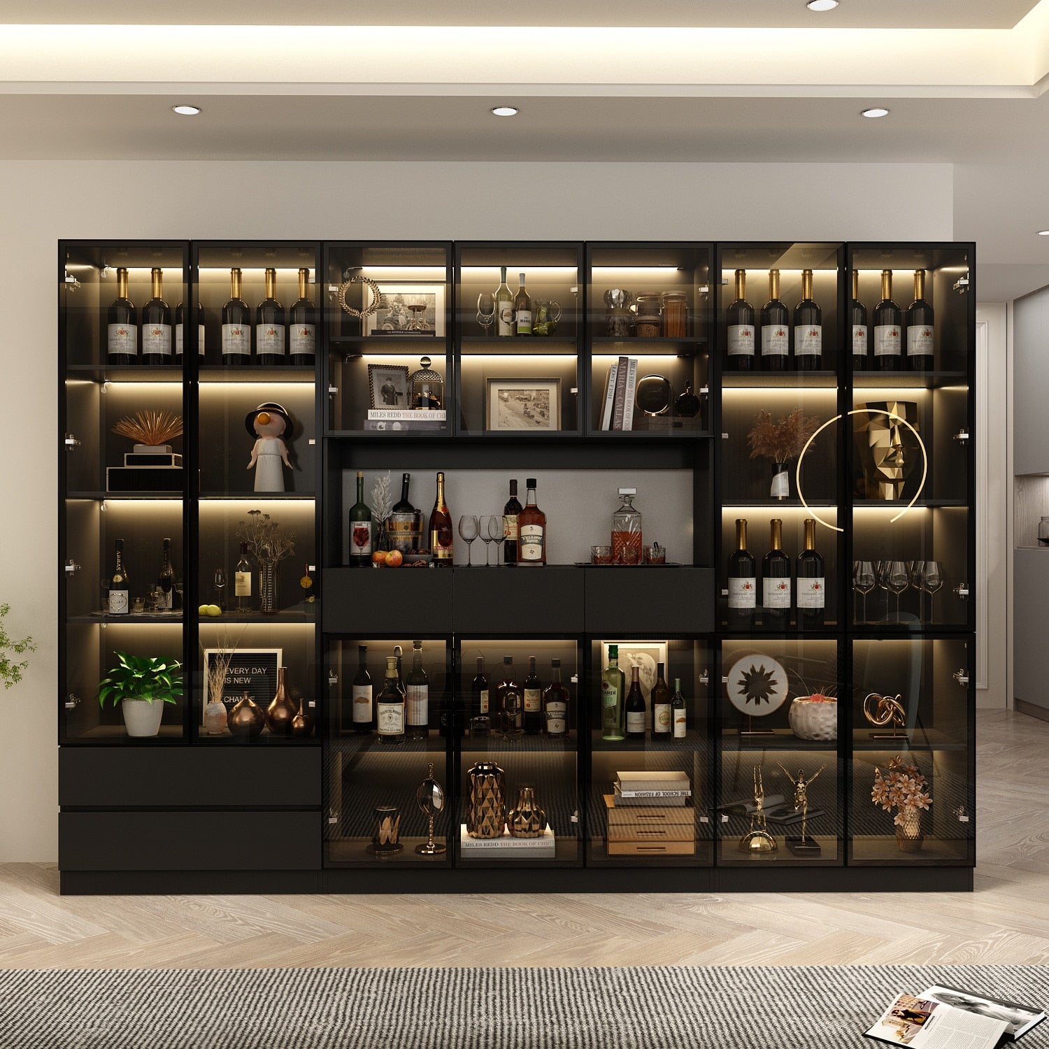 FUFU&GAGA Black Contemporary/Modern Glass Wine Cabinet with Shelves (110.2 in. W x 78.7 in. H x 14.2 in. D)