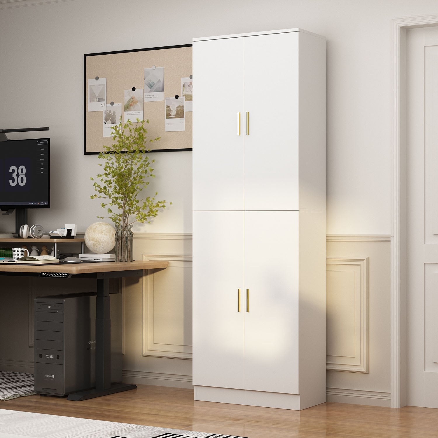 FUFU&GAGA Contemporary White Office Cabinet- 4 Doors, 6 Shelves, Adjustable- Composite Wood- 23.2-in x 11.8-in x 70.9-in- Metal Drawer Glides- Assembly Required