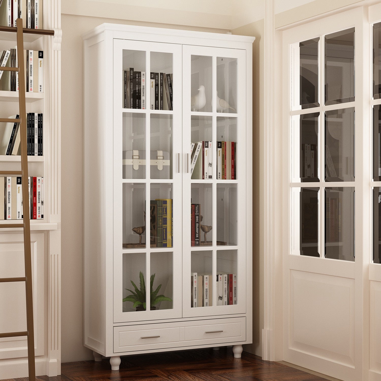 FUFU&GAGA Contemporary White Bookcase Cabinet- 36.2-in x 70.9-in x 14.6-in- 2 Doors, 4 Shelves- Multipurpose Storage- MDF- Easy Assembly