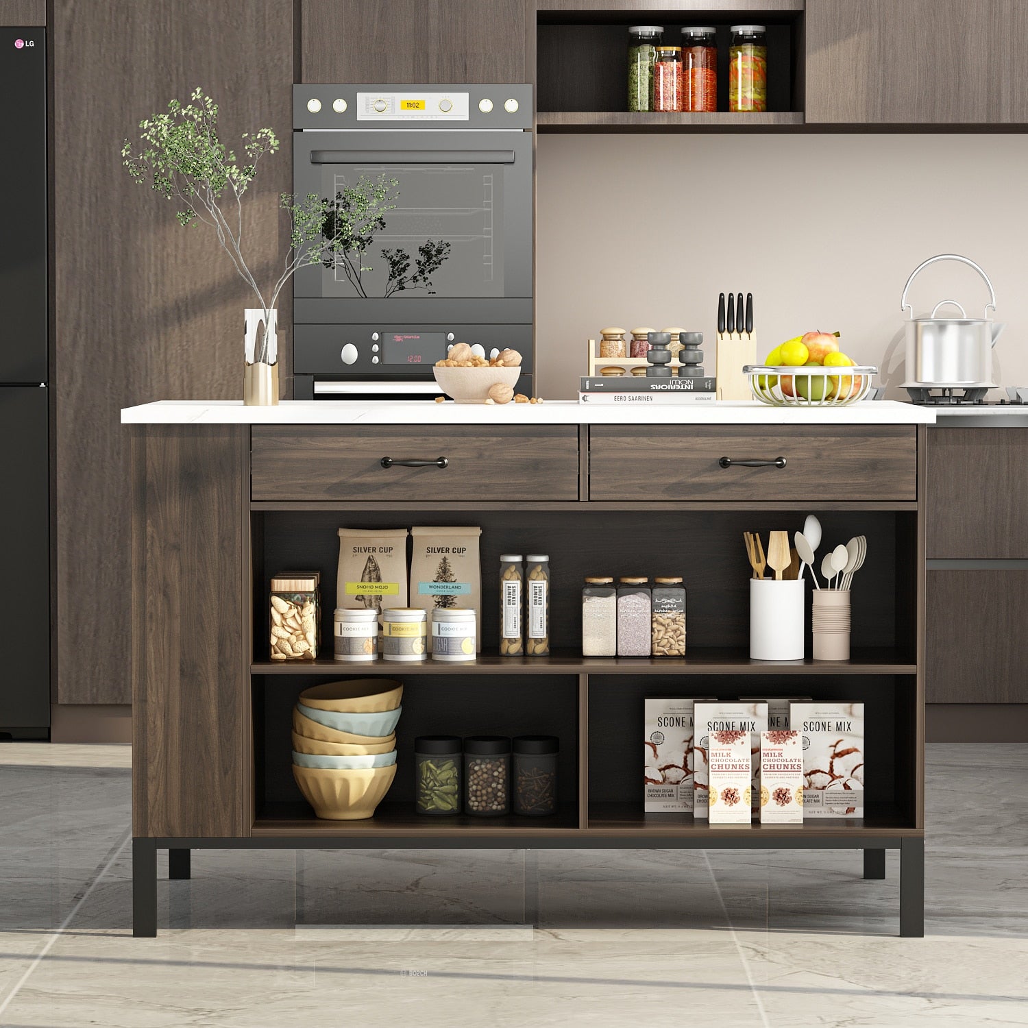 FUFU&GAGA Brown Mdf Base with Mdf Top Kitchen Island (30-in x 55.1-in x 36-in)