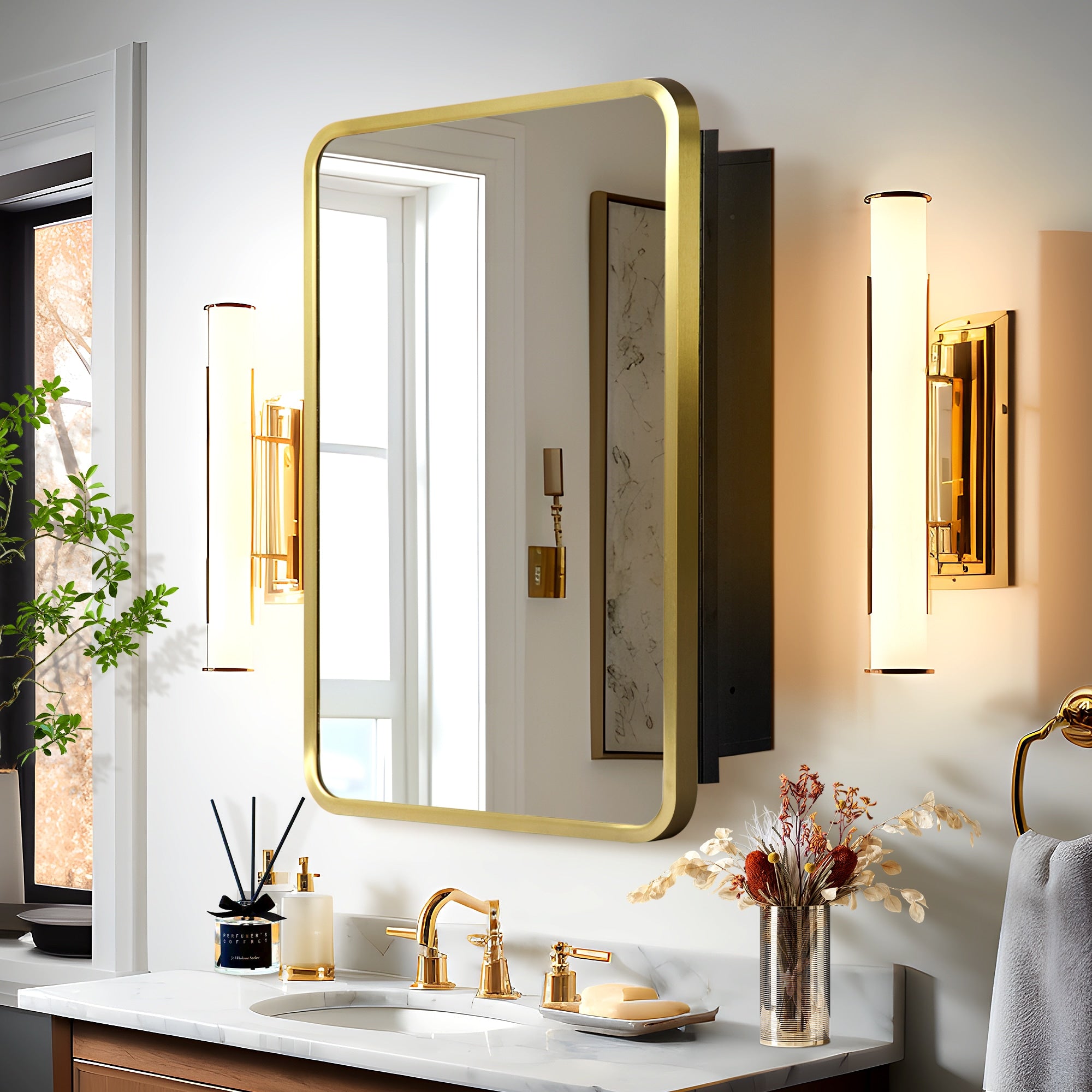 16-in x 24-in Surface/Recessed Mount Gold Mirrored Medicine Cabinet