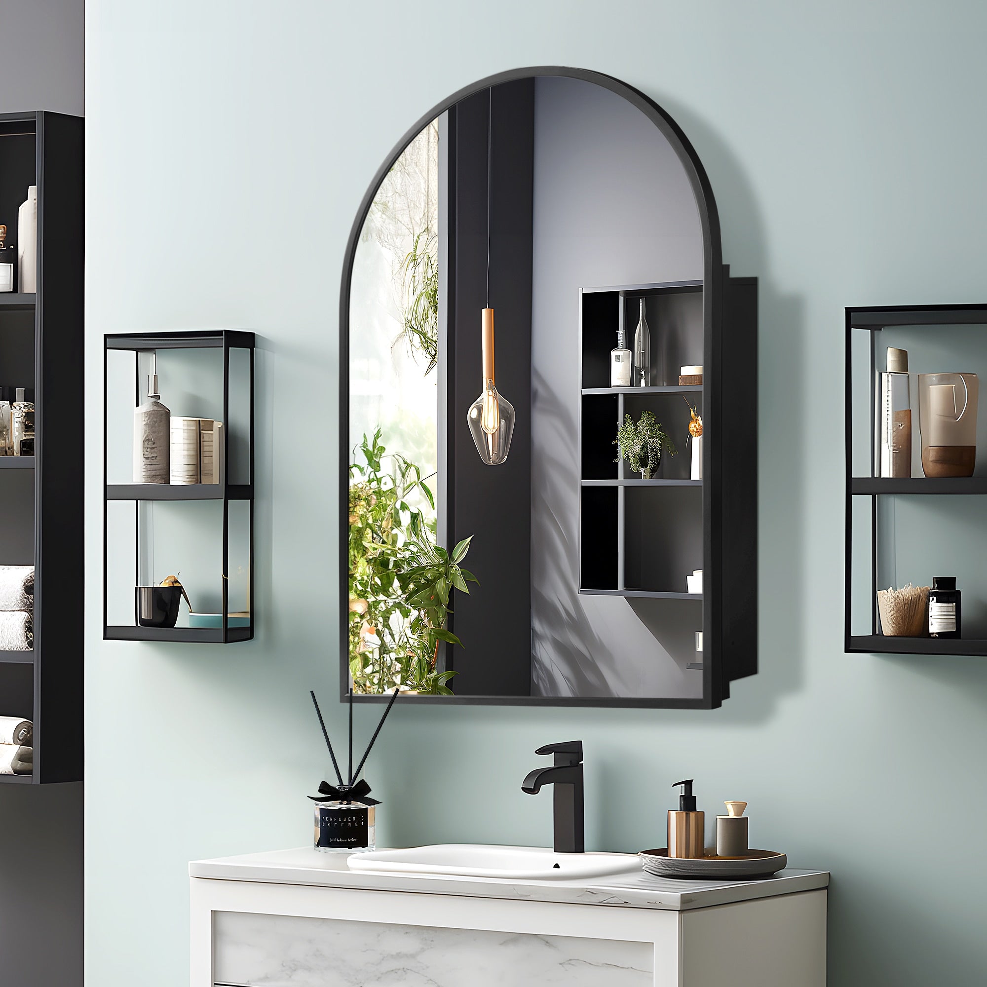 24-in x 36-in Surface/Recessed Mount White Mirrored Arched Medicine Cabinet