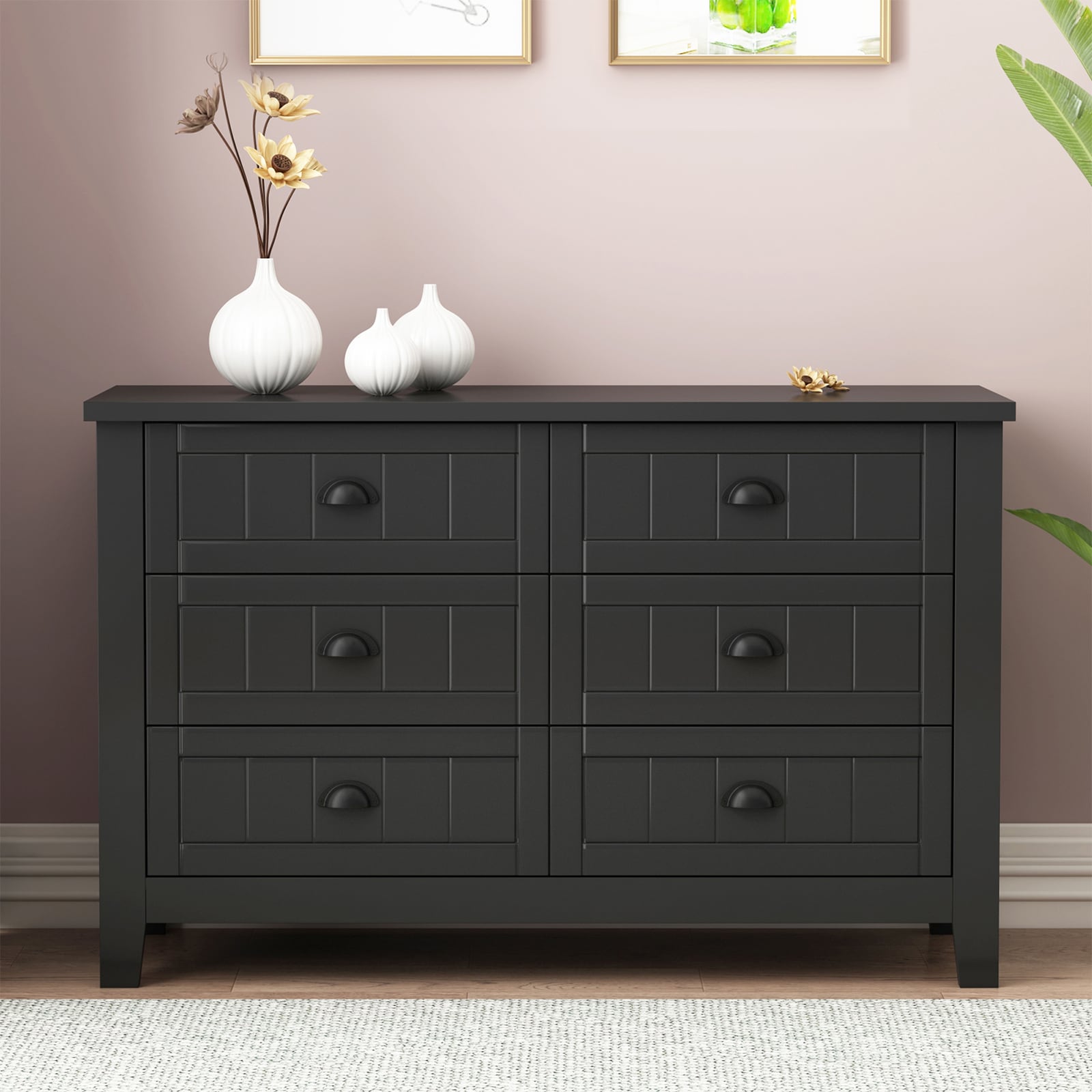 WELLFOR Traditional Black Wood Cabinet with 6 Doors and 6 Shelves, Retro Shell-shaped Handle