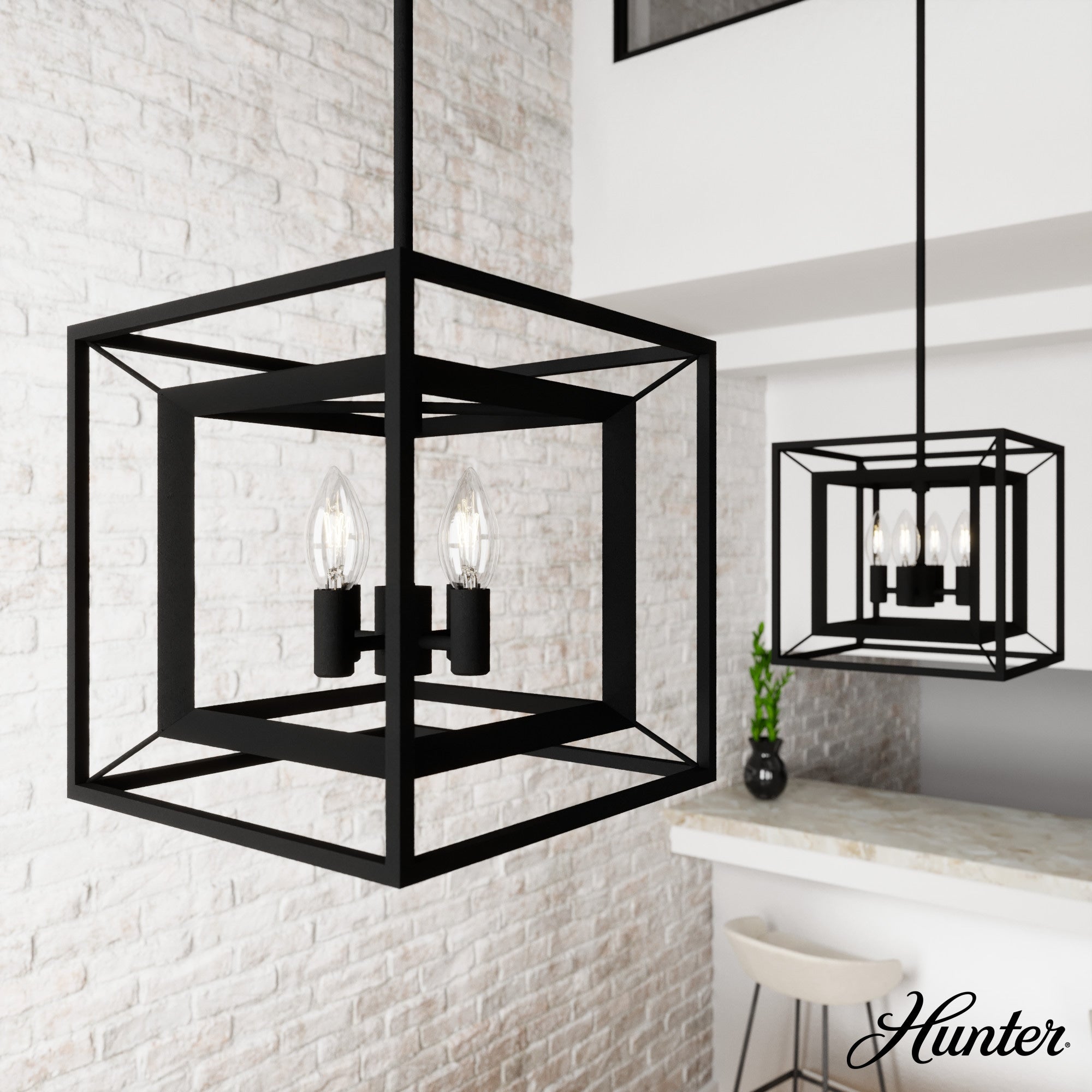 Hunter Doherty 4-Light Natural Iron Industrial Square LED Medium Hanging Convertible Pendant/semi-flush