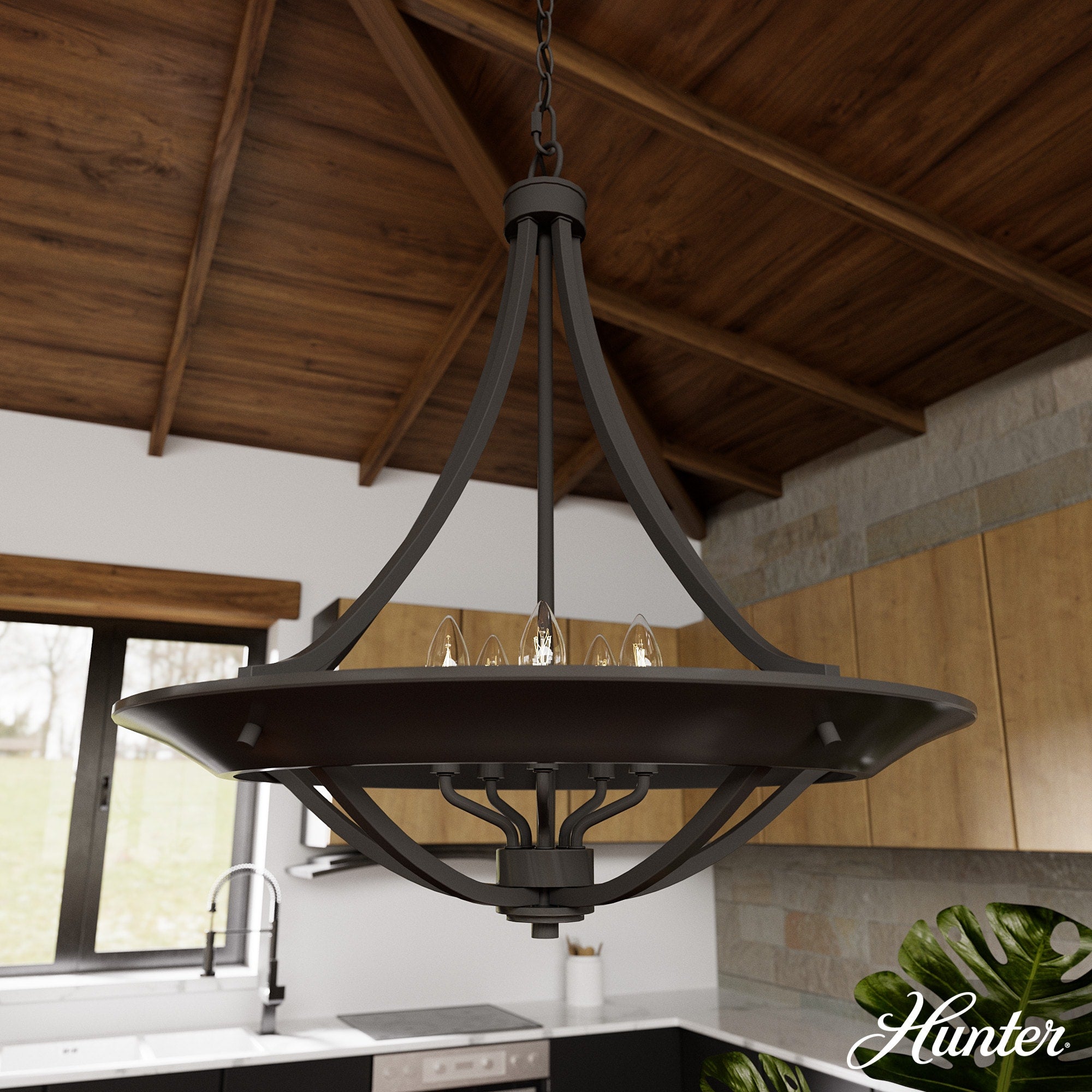 Hunter Perch Point 4-Light Noble Bronze Transitional Bowl LED Large Hanging Kitchen Island Light