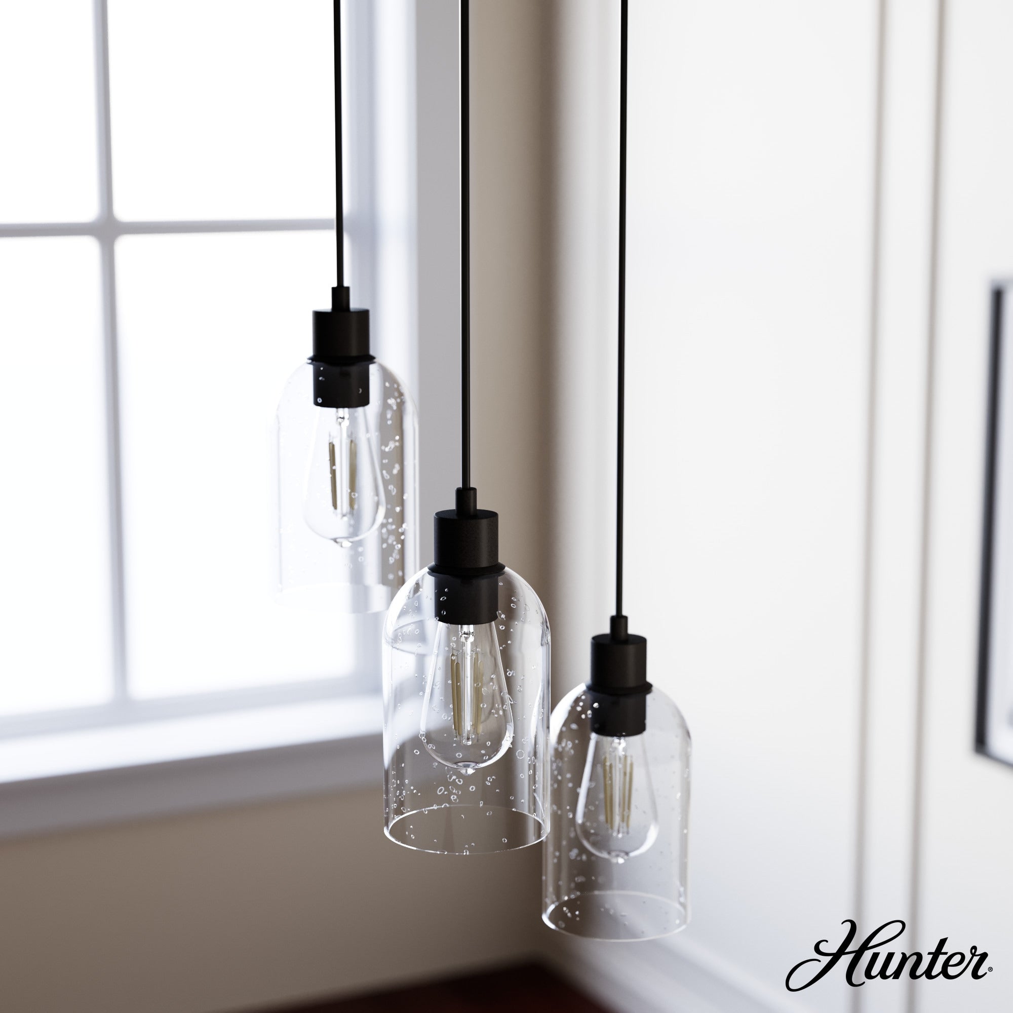 Hunter Lochemeade 3-Light Noble Bronze Modern/Contemporary Seeded Glass Tiered LED Small Hanging