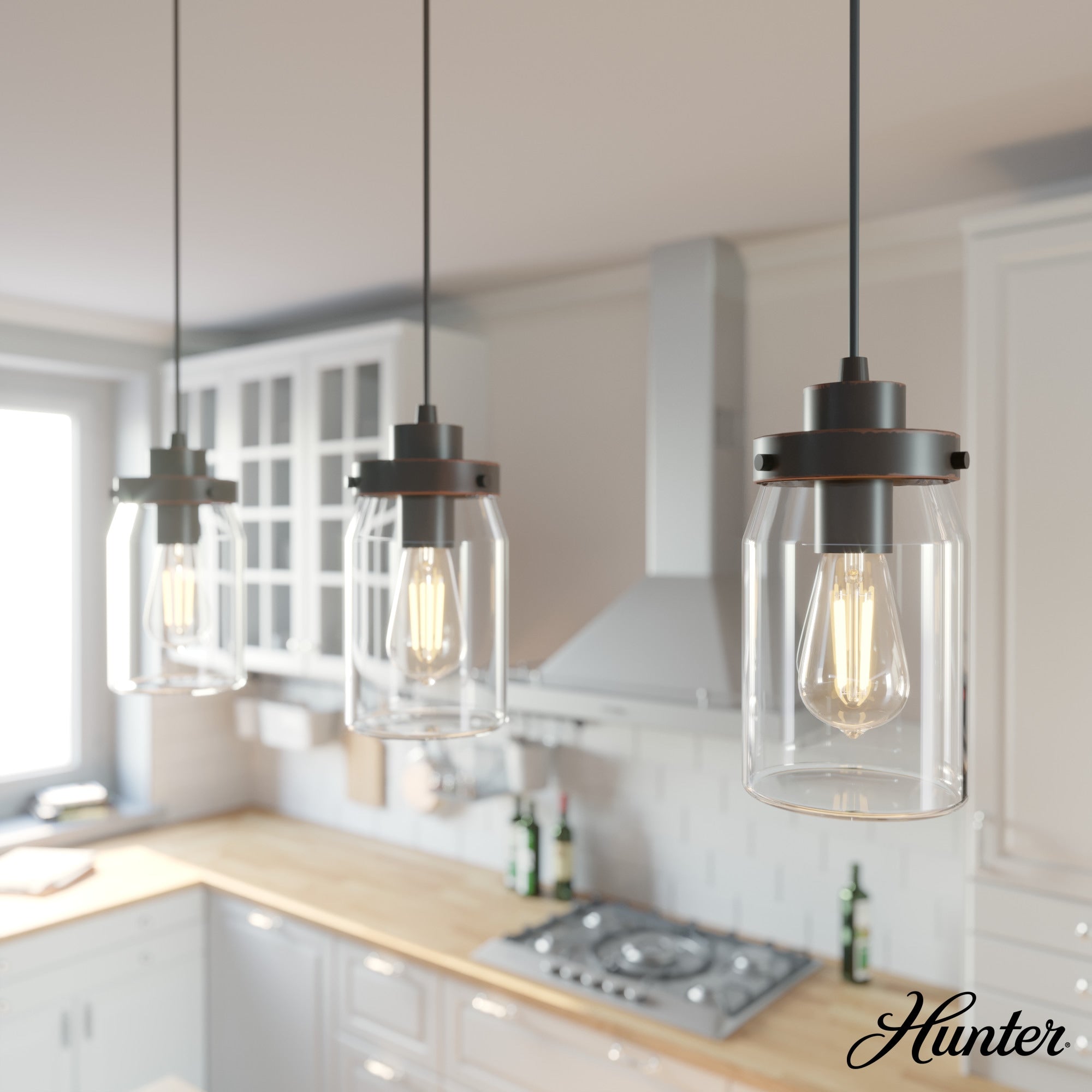 Hunter Devon Park 3-Light Onyx Bengal Farmhouse Clear Glass Jar LED Large Hanging Kitchen Island Light