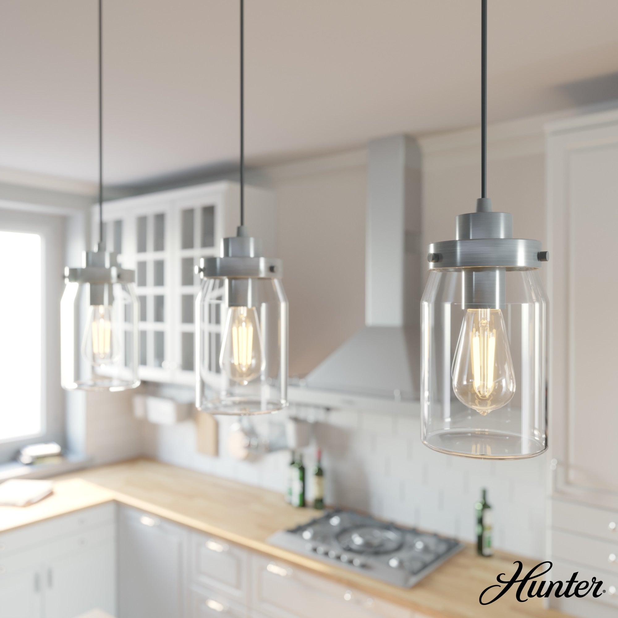 Hunter Devon Park 3-Light Brushed Nickel Farmhouse Clear Glass Linear LED Large Hanging Kitchen Island Light