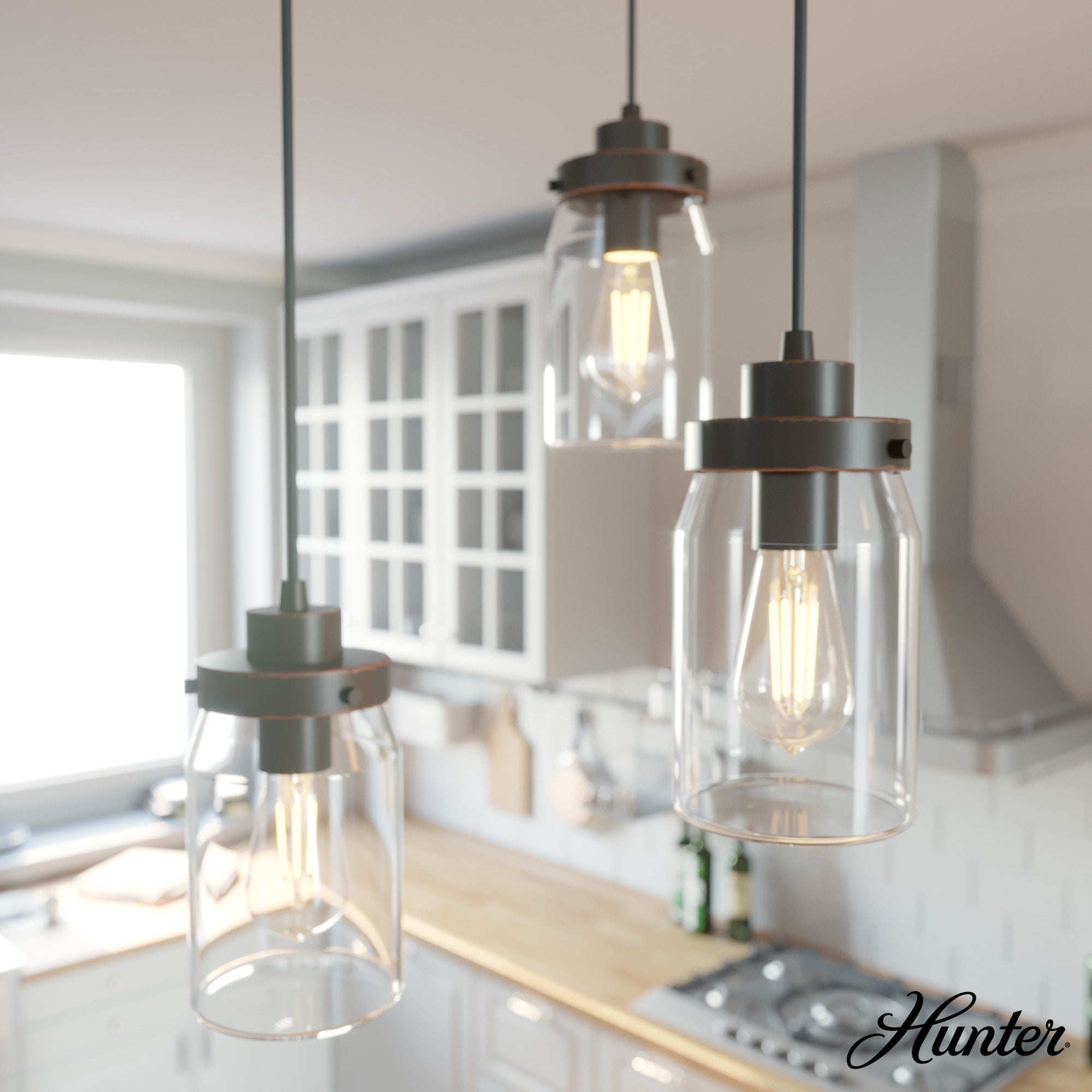 Hunter Devon Park 3-Light Onyx Bengal Farmhouse Clear Glass Tiered LED Medium Hanging Pendant Light