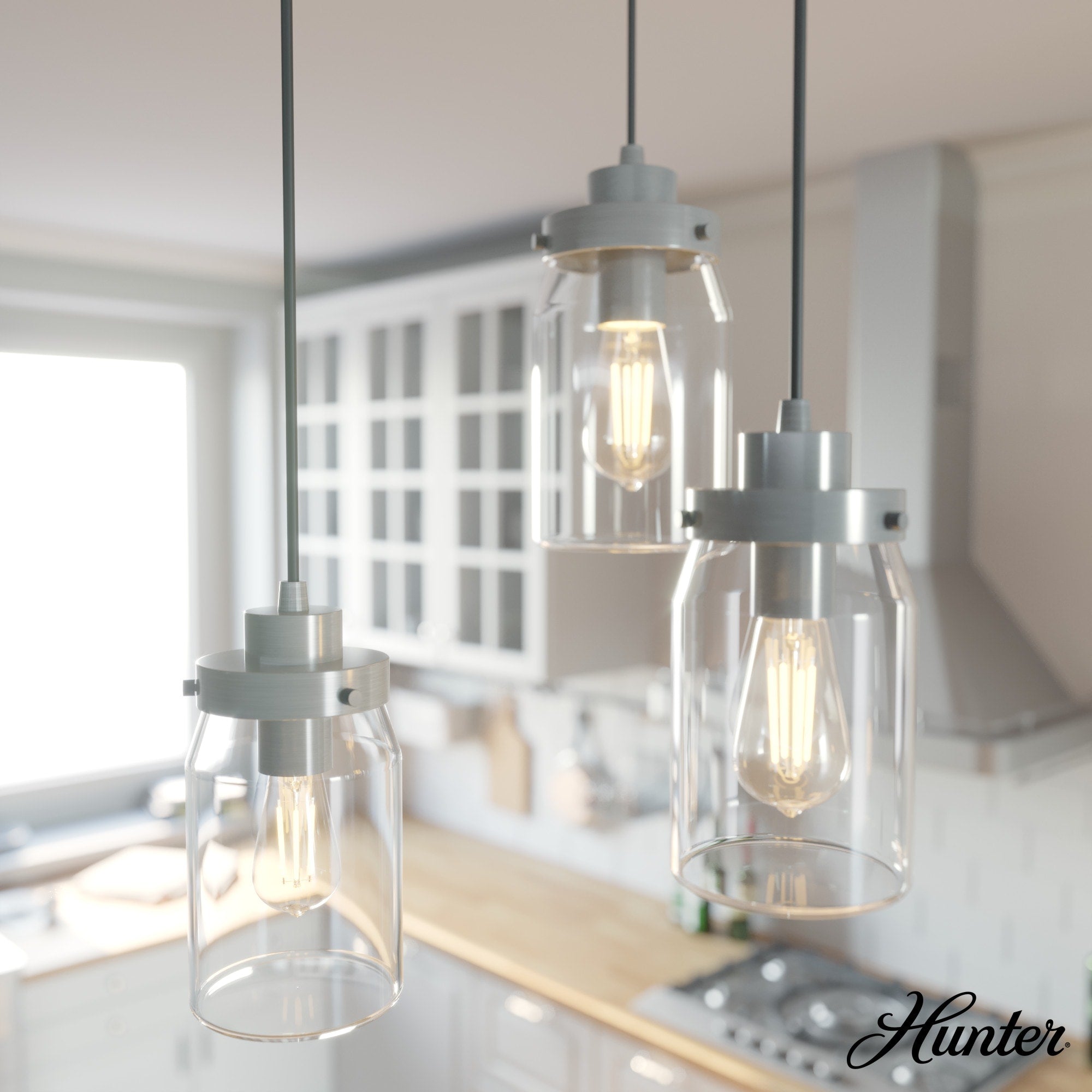 Hunter Devon Park 3-Light Brushed Nickel Farmhouse Clear Glass Tiered LED Medium Hanging Pendant Light