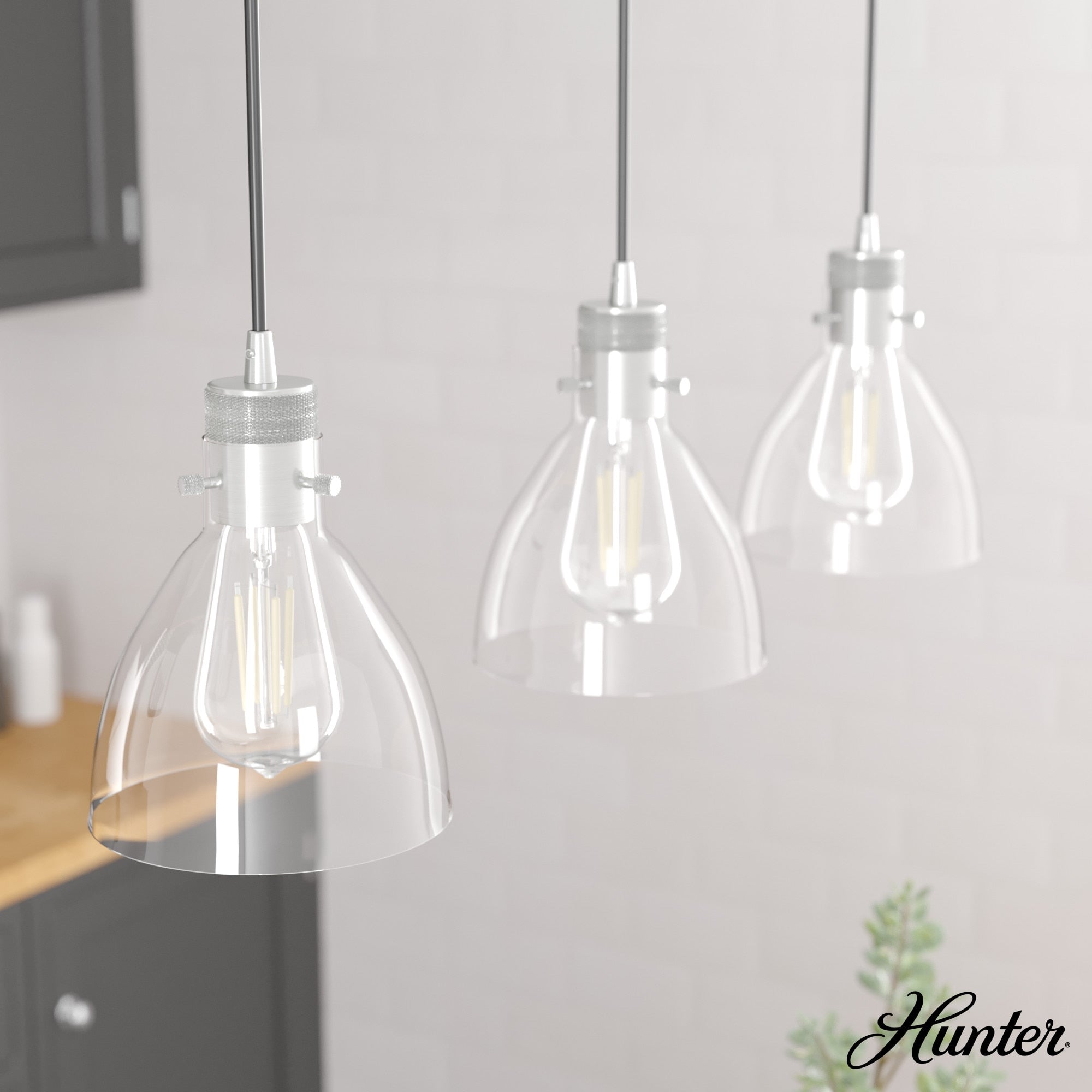 Hunter Van Nuys 3-Light Brushed Nickel Transitional Clear Glass Linear LED Large Hanging