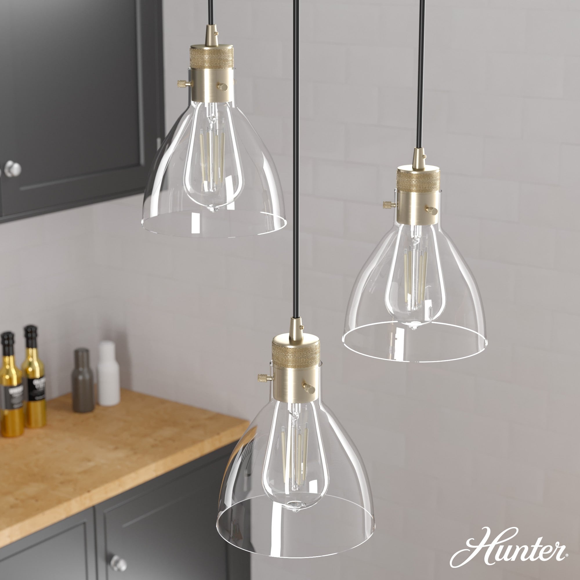 Hunter Van Nuys 3-Light Alturas Gold Transitional Clear Glass Tiered LED Mini Hanging