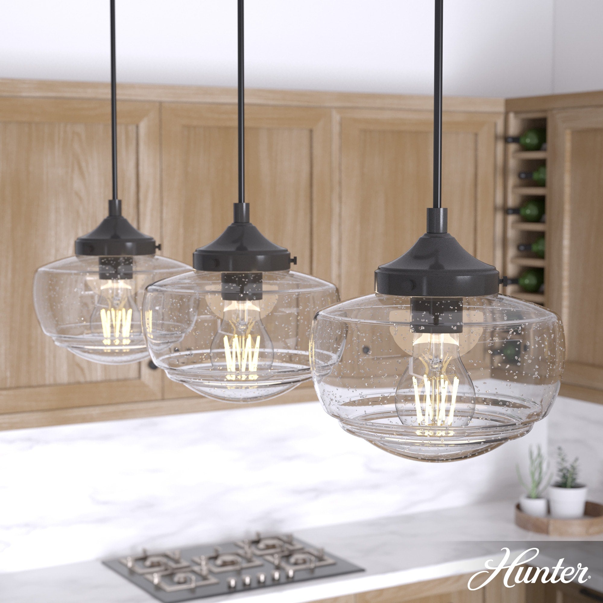 Hunter Saddle Creek 3-Light Noble Bronze Transitional Seeded Glass Linear LED Large Hanging