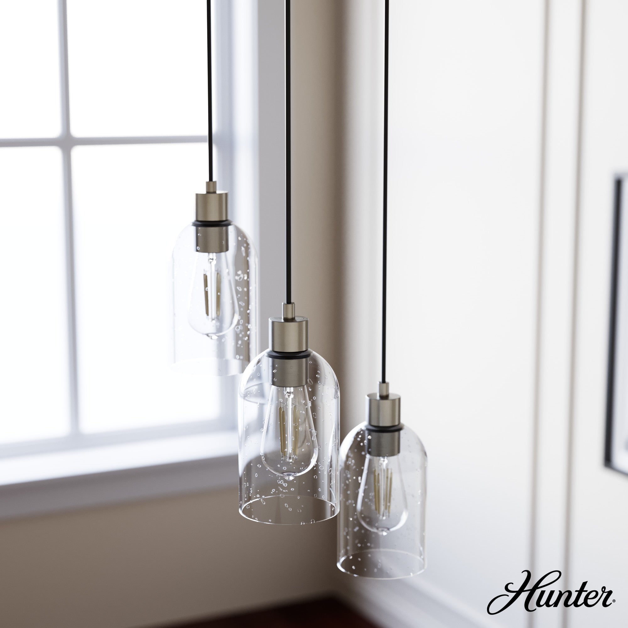 Hunter Lochemeade 3-Light Brushed Nickel Modern/Contemporary Seeded Glass Tiered LED Small Hanging