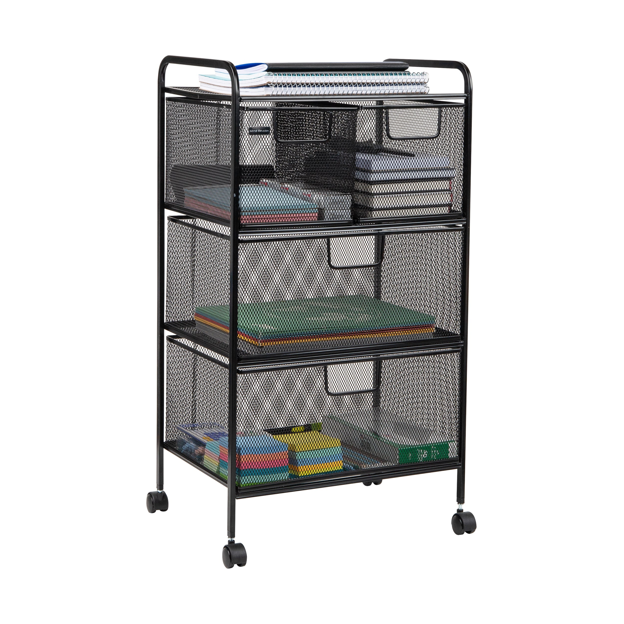 Mind Reader Black Office Cart with 4 Removable Drawers - Mesh and Metal Rolling Cabinet for File Storage