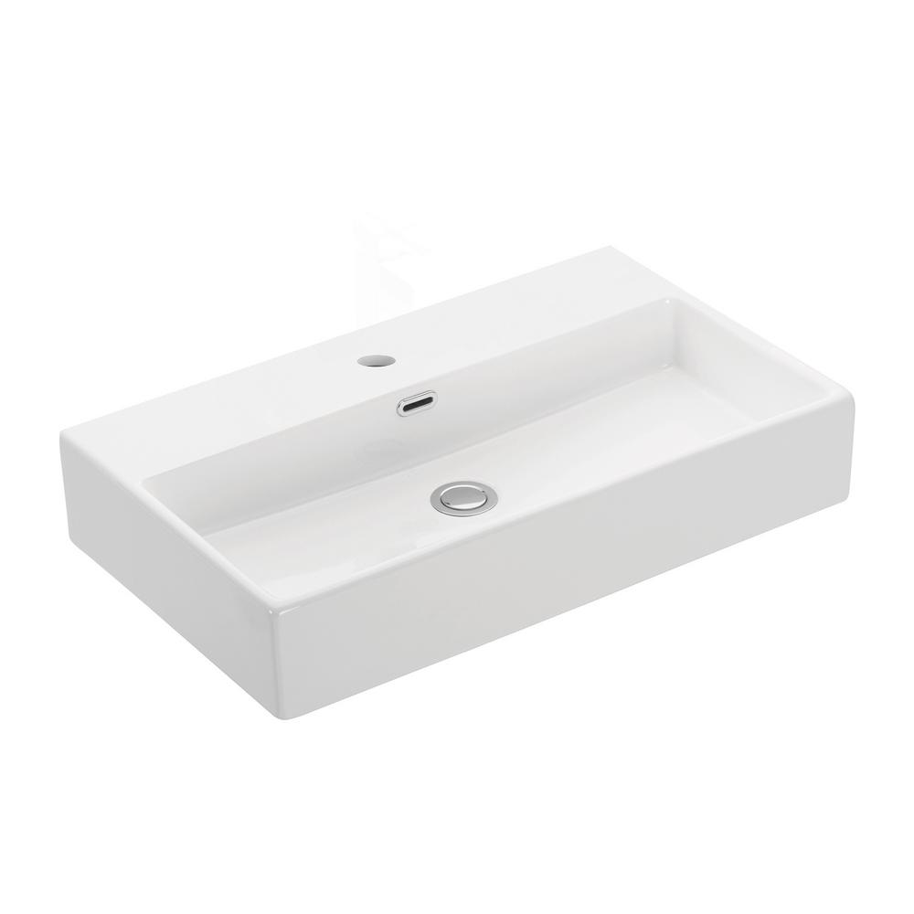 WS Bath Collections Quattro 70 Wall Mount / Vessel Bathroom Sink in Ceramic White with 1 Faucet Hole