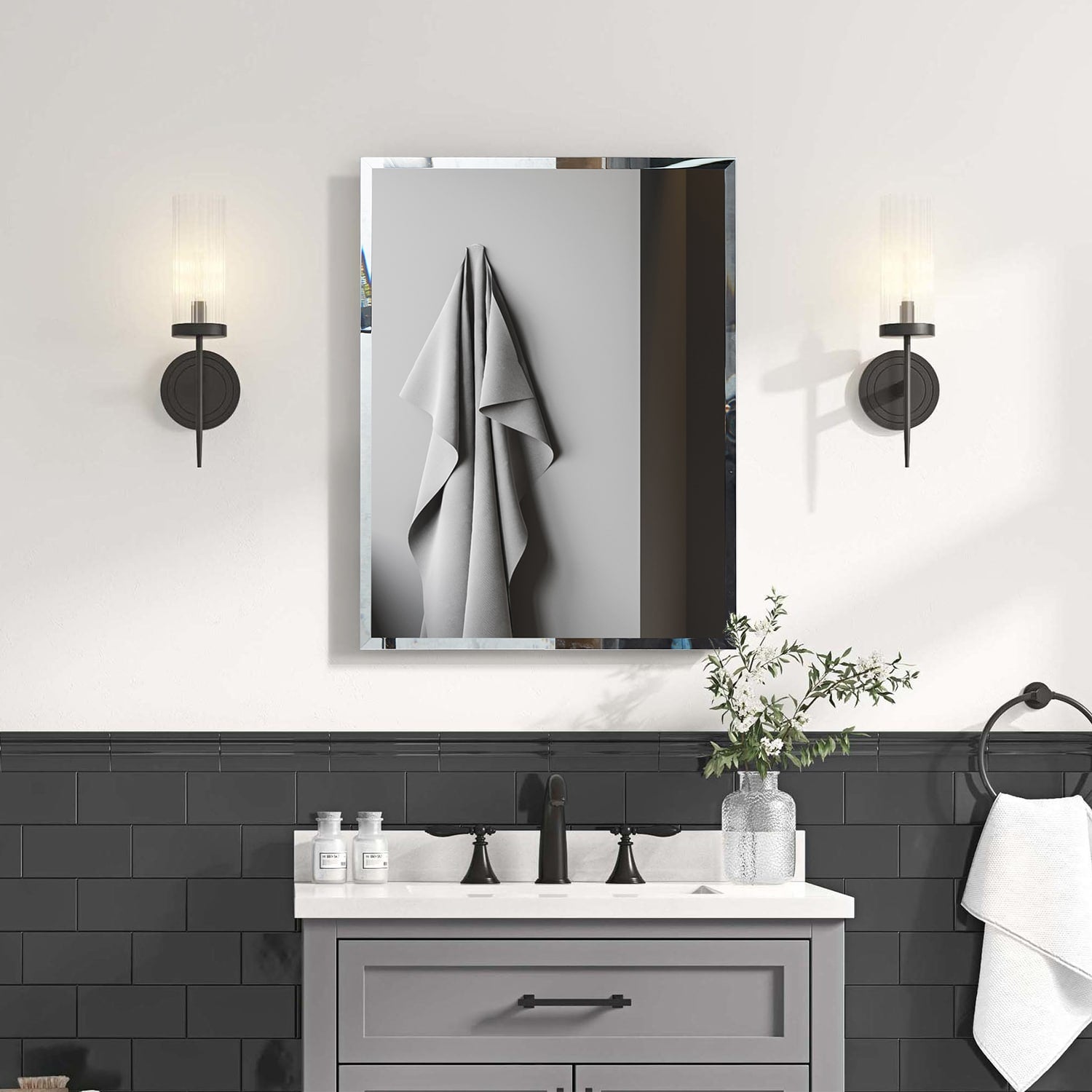 Forclover KF 23-in x 30-in Surface/Recessed Mount Black Mirrored Soft Close Medicine Cabinet