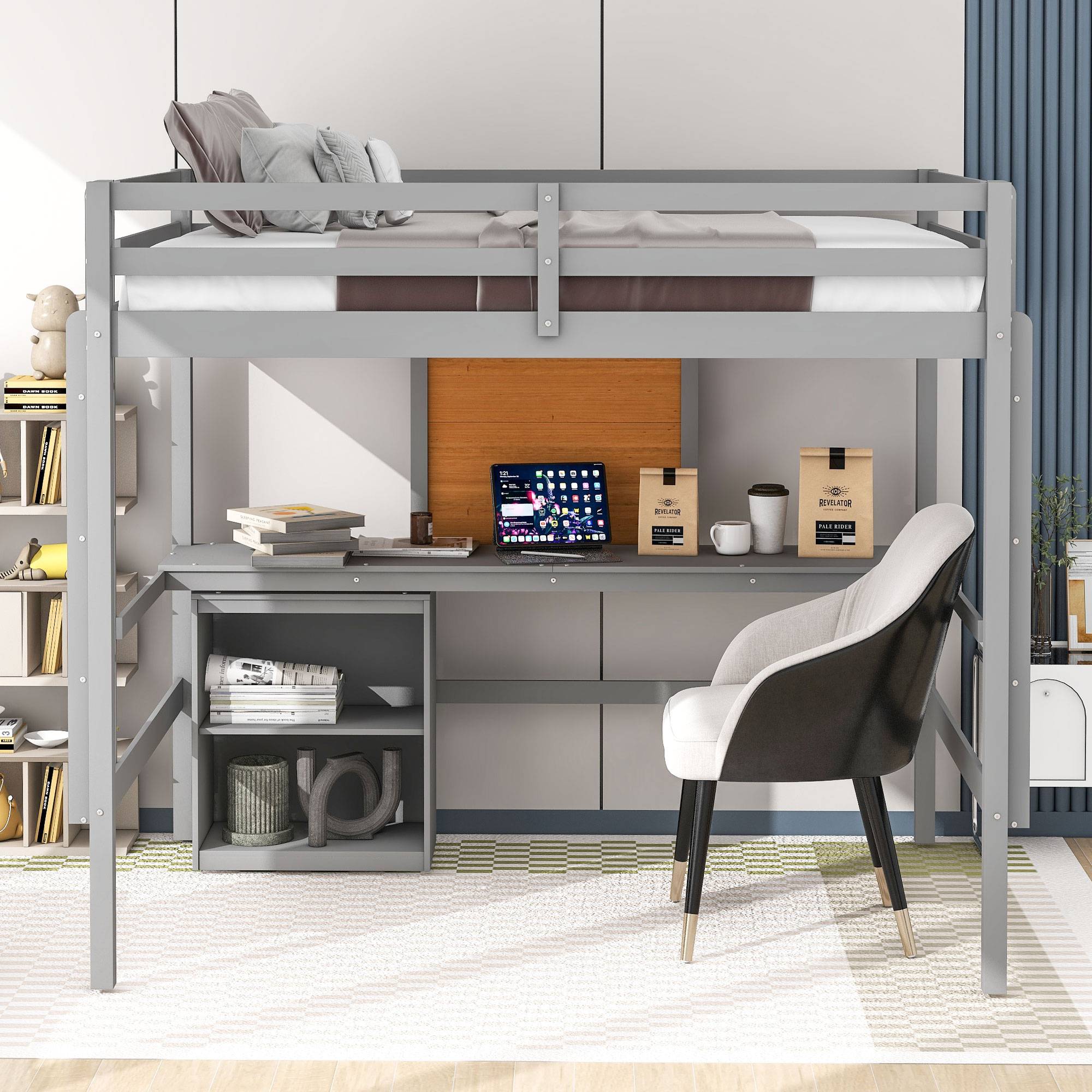 Yiekholo Gray Full Study Loft Bed with Writing Board, Built-in Desk, and Storage Cabinet
