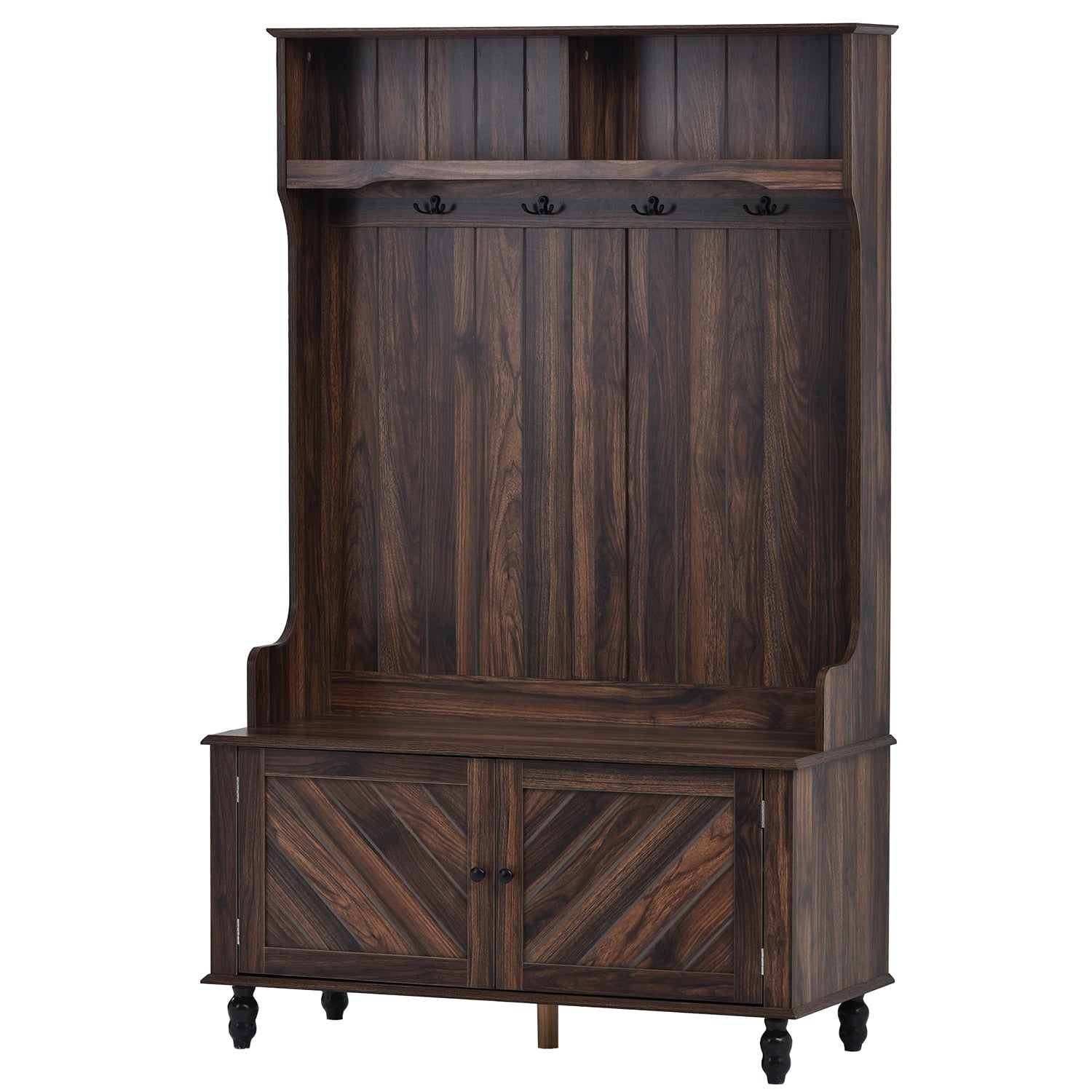SINOFURN Traditional Hall Tree with Storage Bench and Hooks - Brown Wood Finish - Entryway Organizer for Coats, Shoes, and Accessories