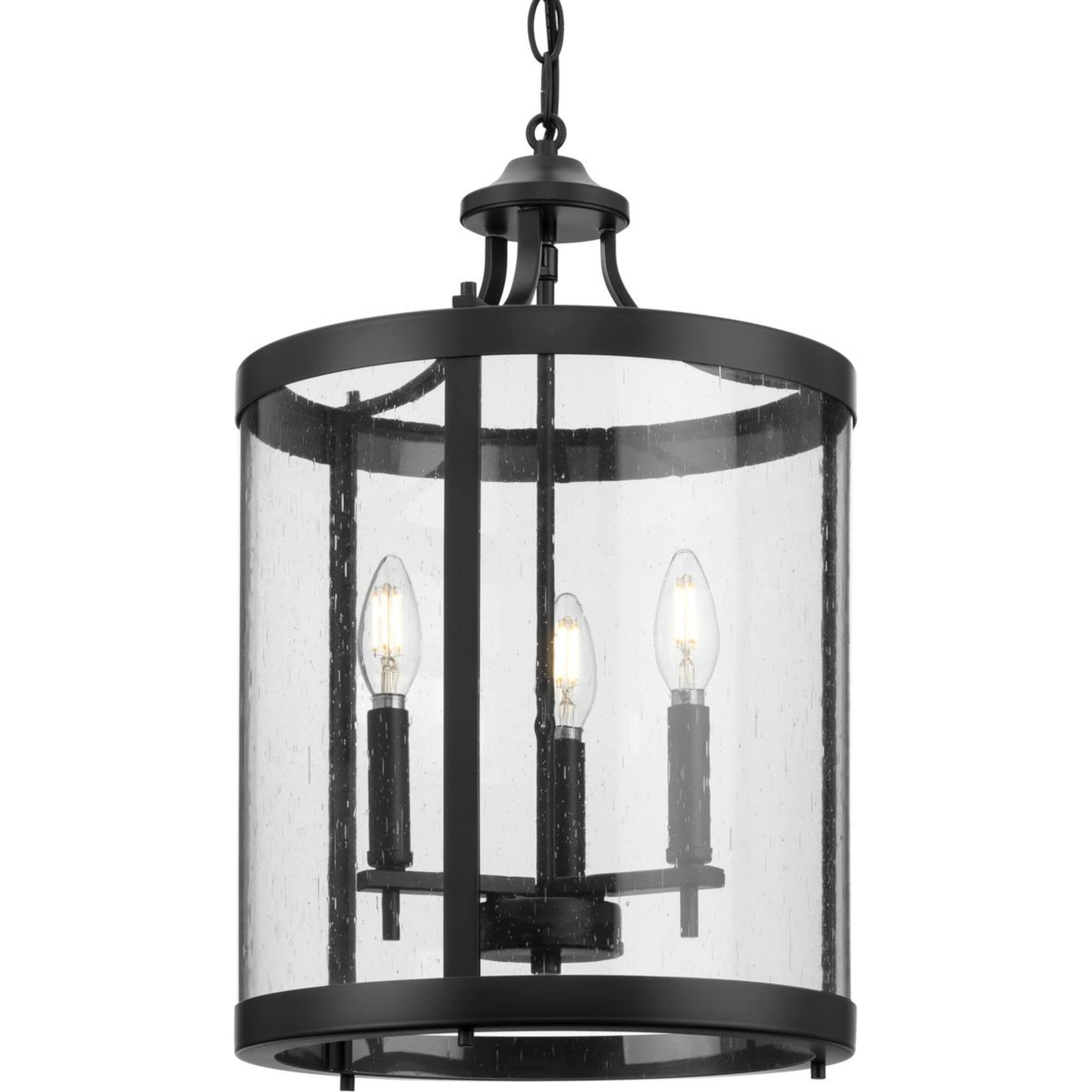 Progress Lighting Morehouse 3-Light Matte Black Transitional Seeded Glass Cylinder Medium Hanging Pendant Light