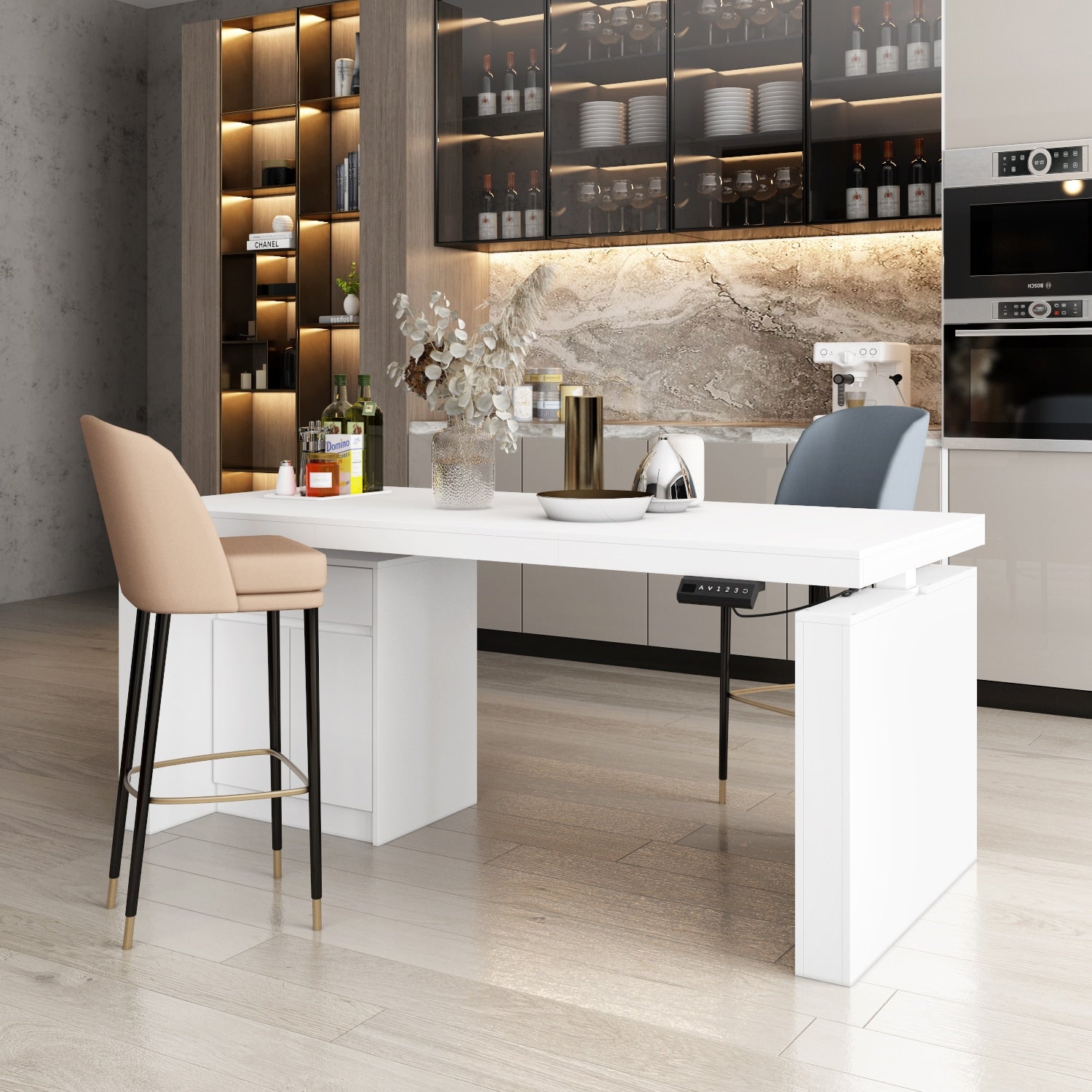 FUFU&GAGA White Mdf Base with Composite Top Kitchen Island (31.5-in x 70.9-in x 29.5-in)