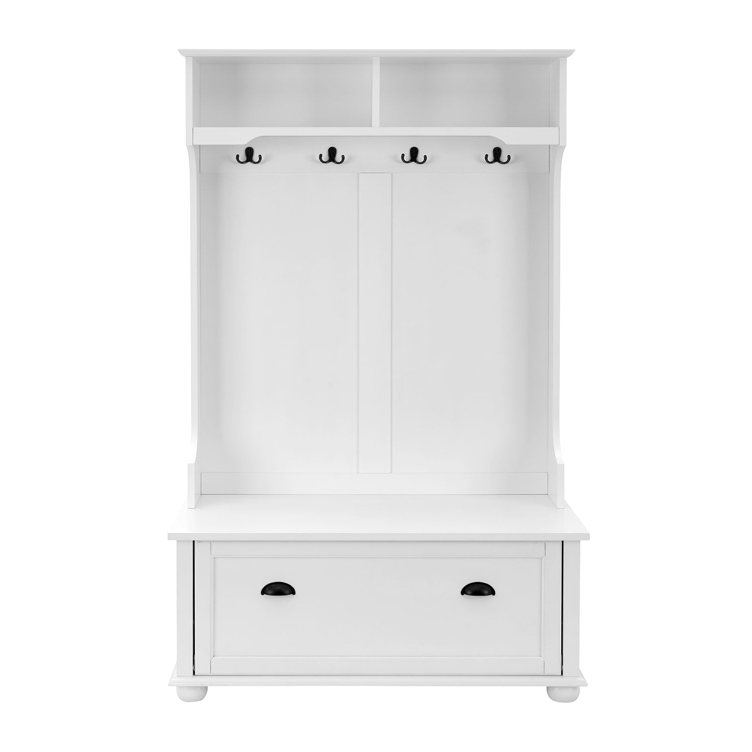 GZMR Contemporary White Hall Tree Entryway Bench with Open Shelves and Shoe Cabinets - Durable Construction - Modern Design