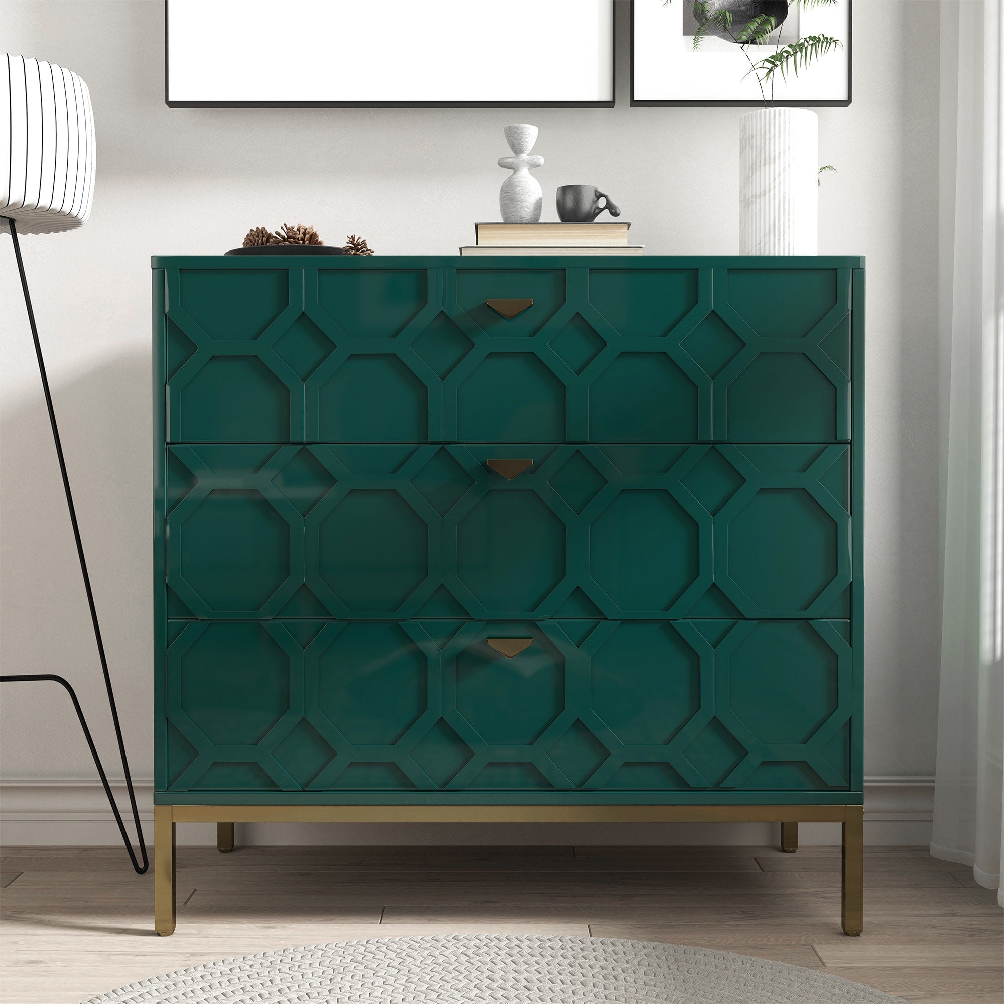 Clihome 3-Drawer MDF Green Storage Cabinet Green Nightstand