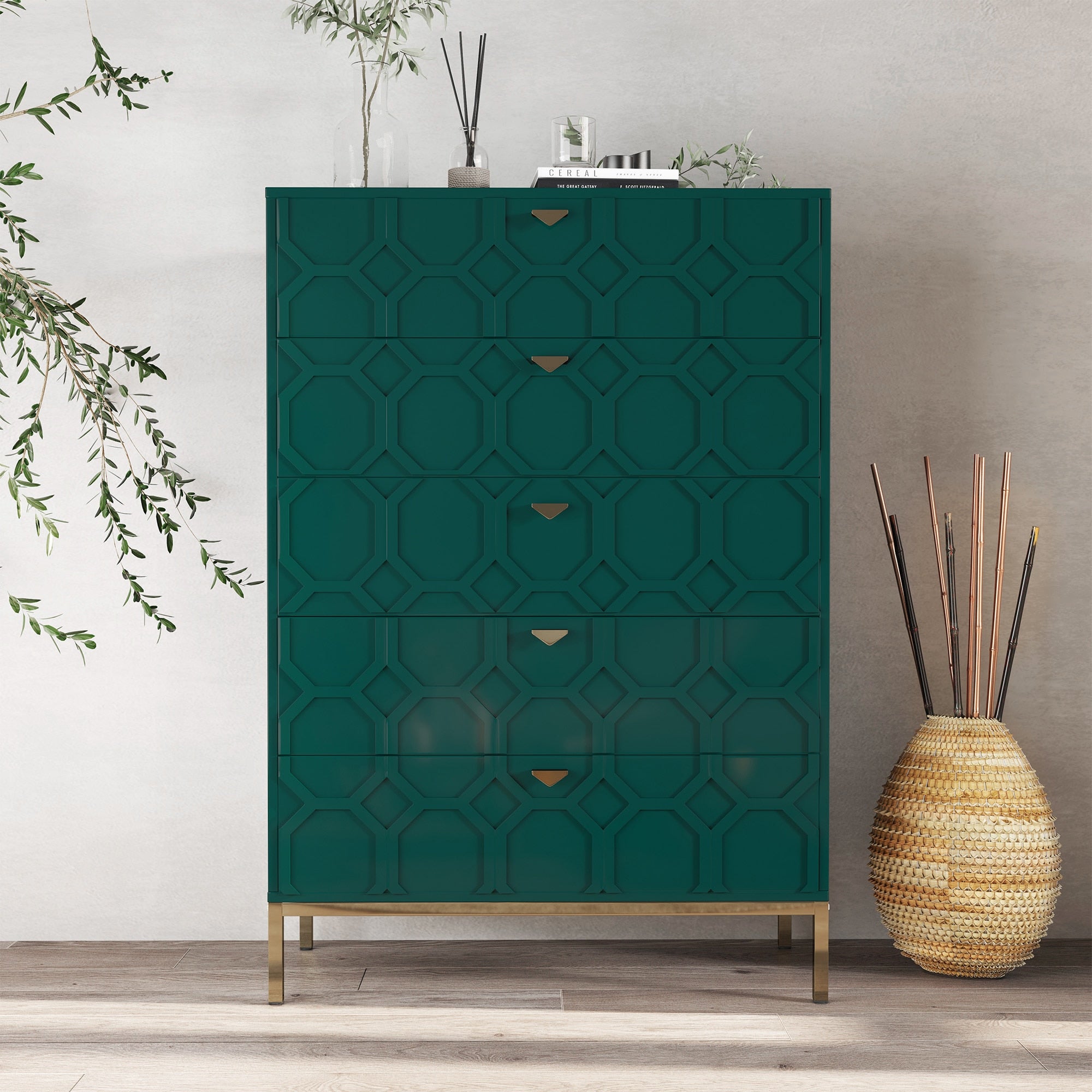 Clihome 5-Drawer MDF Green Storage Cabinet Green 5-Drawer Accent Chest
